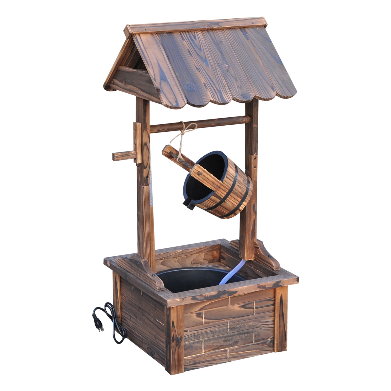 Outsunny Outdoor Wooden Wishing Well Fountain with Adjustable Water Flow Rate, Rustic Waterfall Fountain with Electric Pump, Water Bucket, for