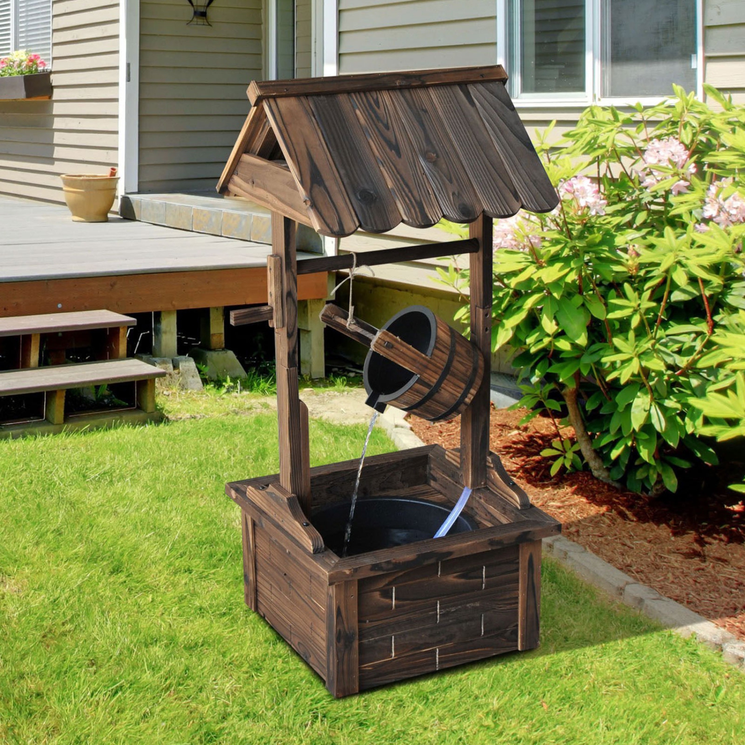 Outsunny Outdoor Wooden Wishing Well Fountain with Adjustable Water Flow Rate, Rustic Waterfall Fountain with Electric Pump, Water Bucket, for