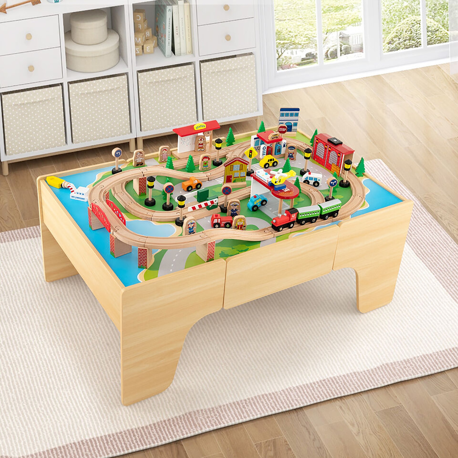 Gymax Kids Wooden Train Activity Playset w/ Solid Wood Tracks Large Storage Drawer
