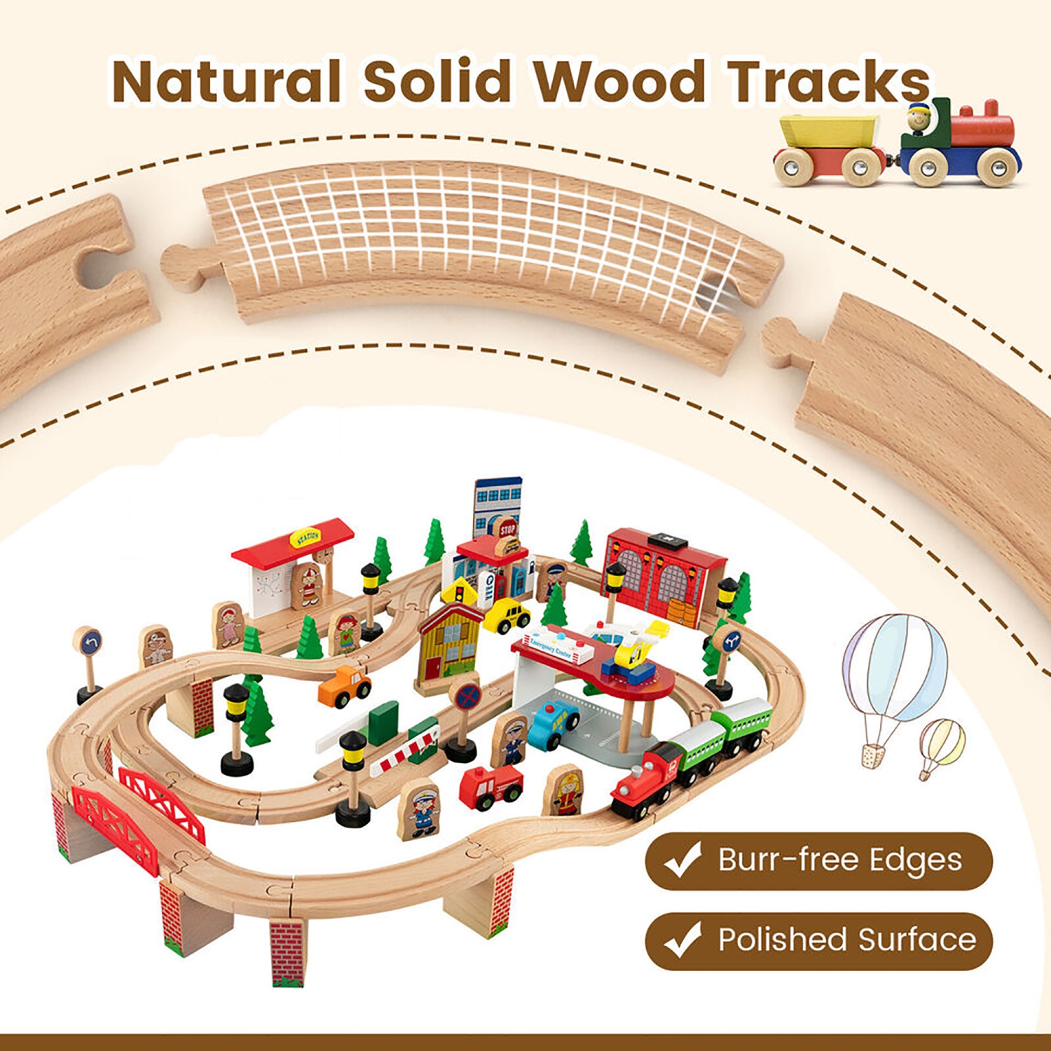 Gymax Kids Wooden Train Activity Playset w/ Solid Wood Tracks Large Storage Drawer