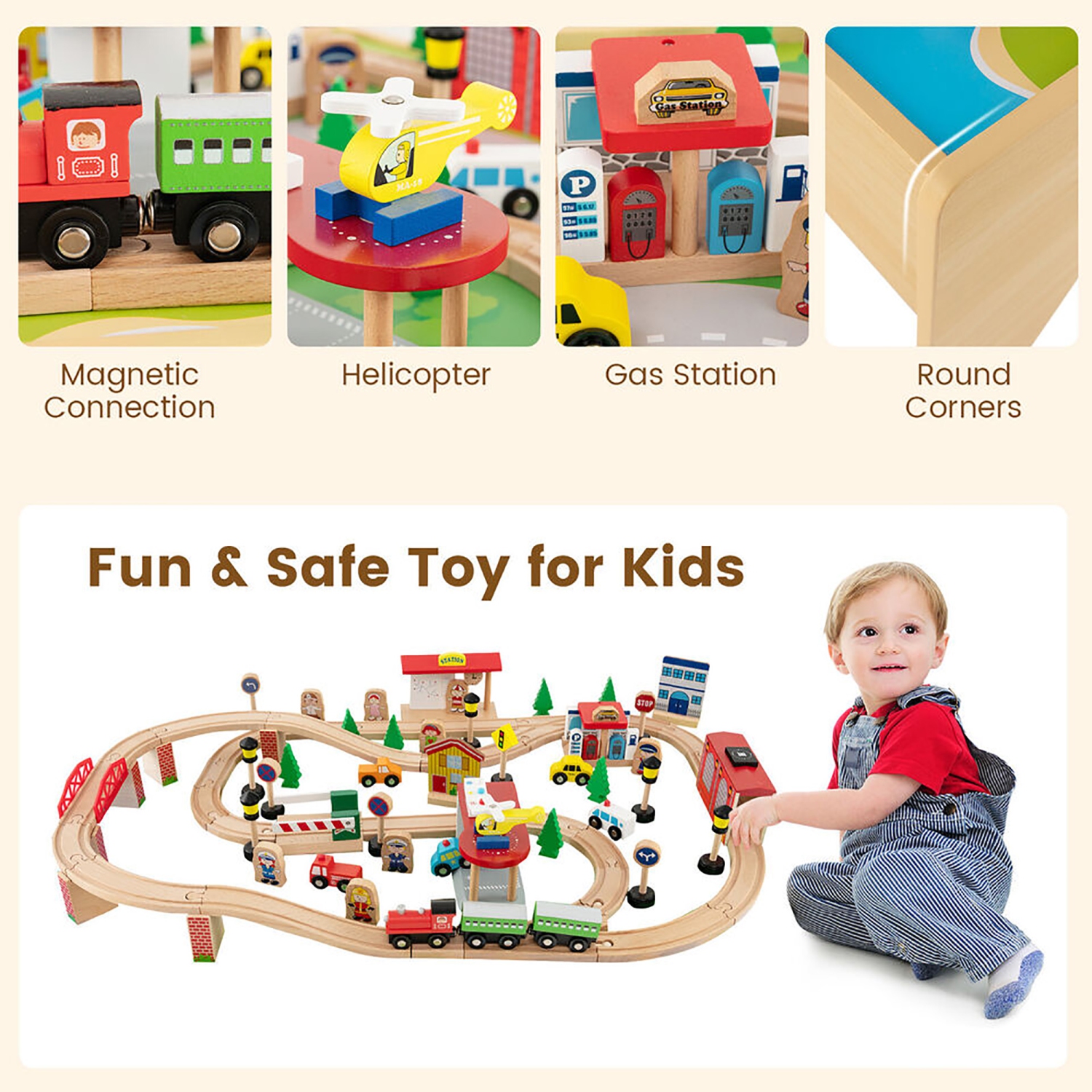 Gymax Kids Wooden Train Activity Playset w/ Solid Wood Tracks Large Storage Drawer