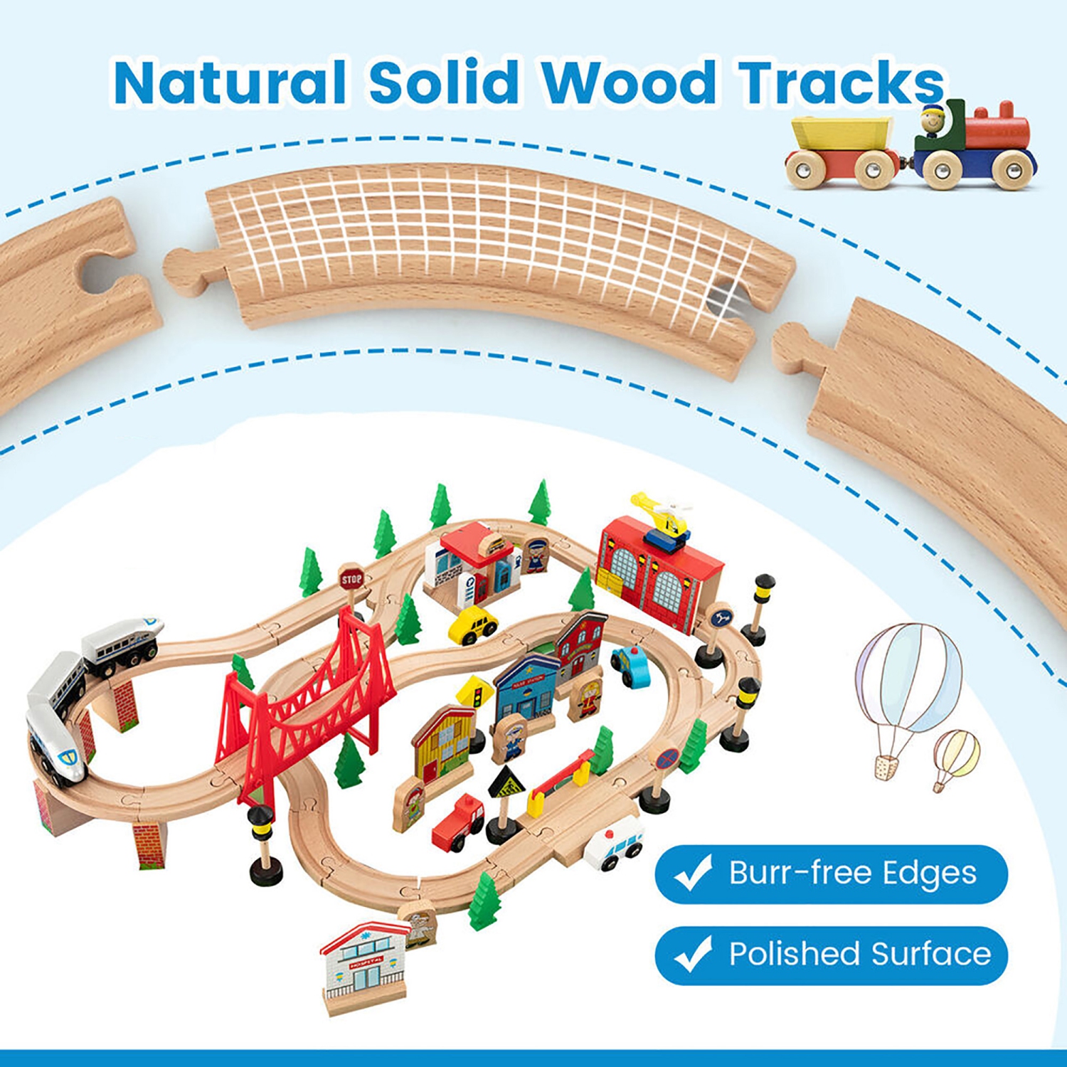 Gymax 80PCS Kids Wooden Train Activity Playset w/ Solid Wood Tracks Detachable