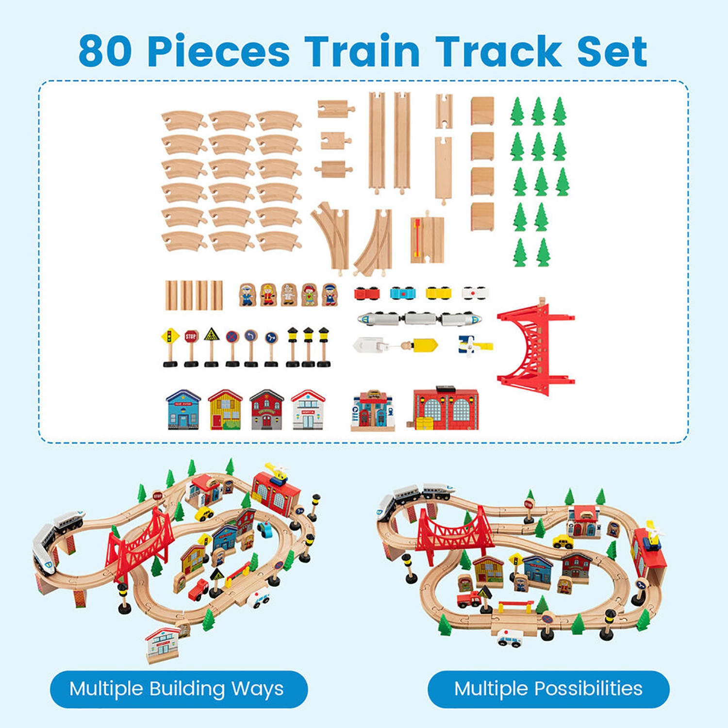 Gymax 80PCS Kids Wooden Train Activity Playset w/ Solid Wood Tracks Detachable