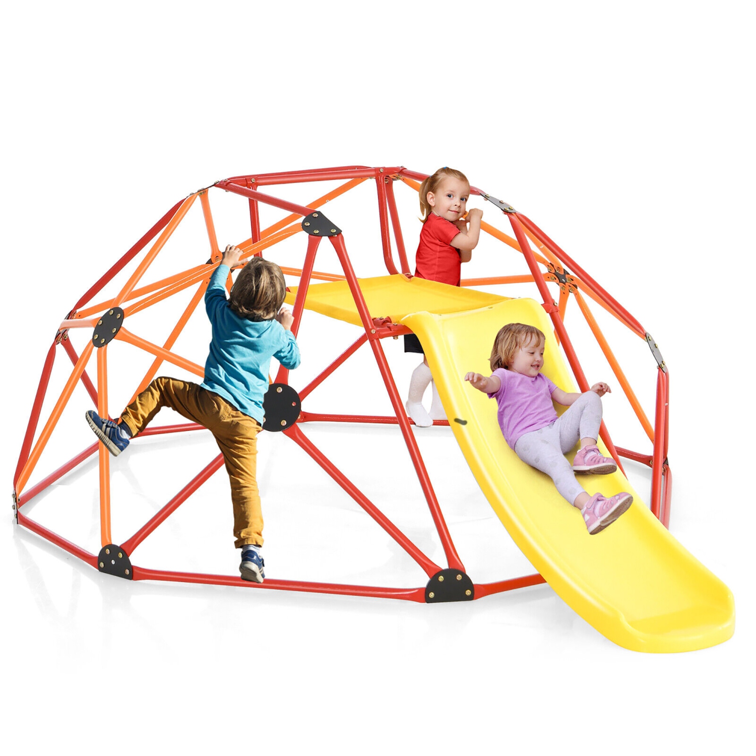 Gymax 8FT Climbing Dome w/ Slide Outdoor Kids Jungle Gym Dome Climber Red & Orange