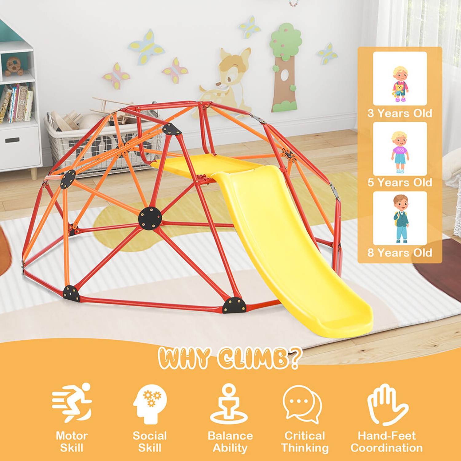 Gymax 8FT Climbing Dome w/ Slide Outdoor Kids Jungle Gym Dome Climber Red & Orange