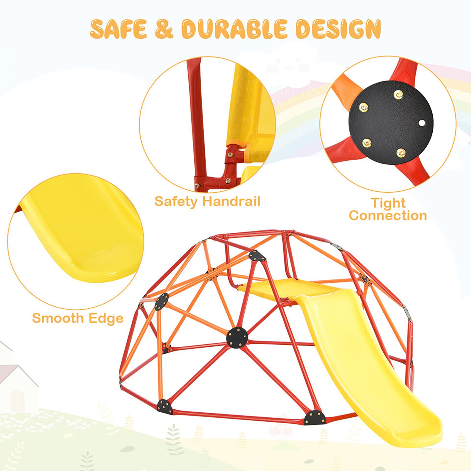 Gymax 8FT Climbing Dome w/ Slide Outdoor Kids Jungle Gym Dome Climber Red & Orange
