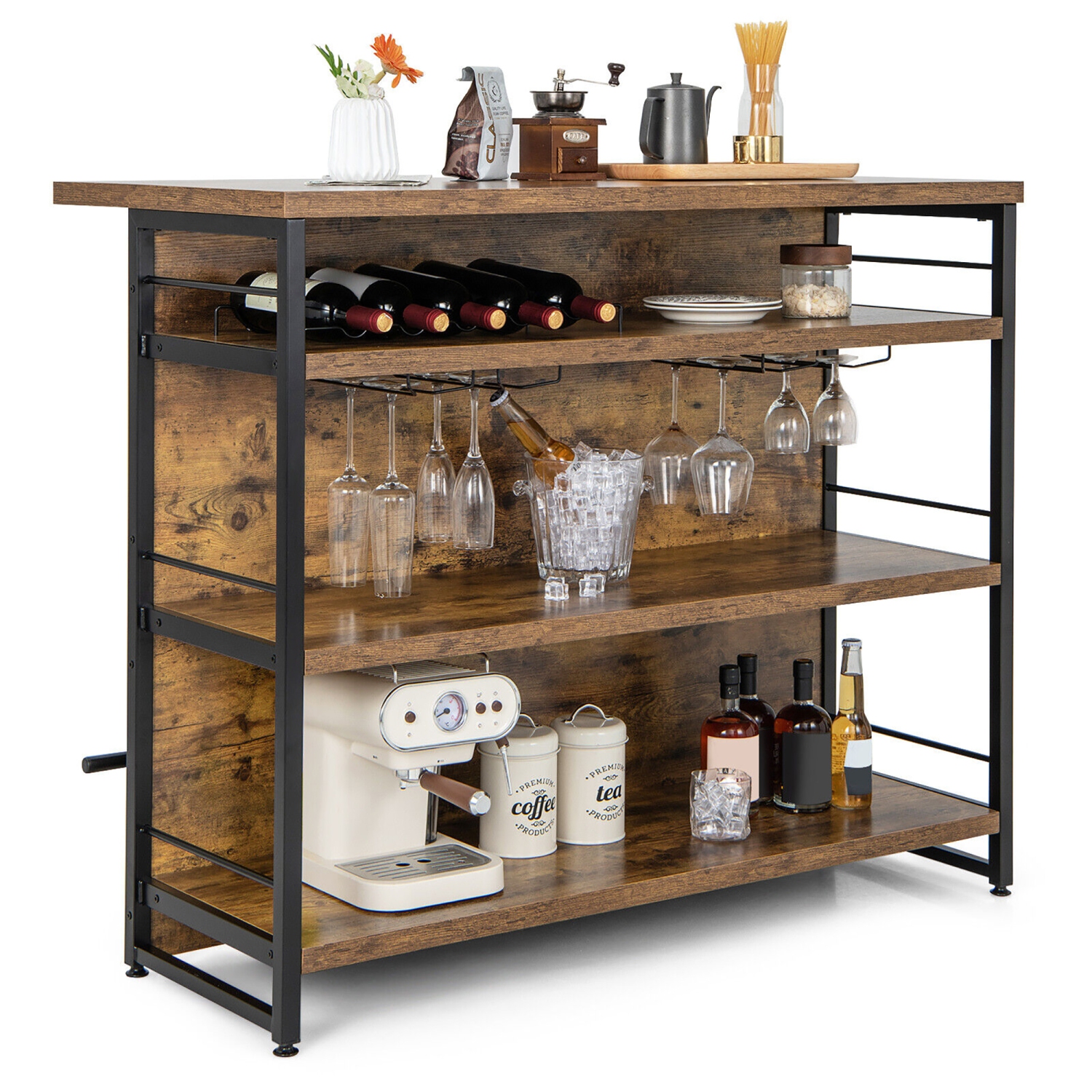 Gymax Industrial Kitchen Island Bar Table 4-Tier Storage Shelf Wine Rack Glass Holders