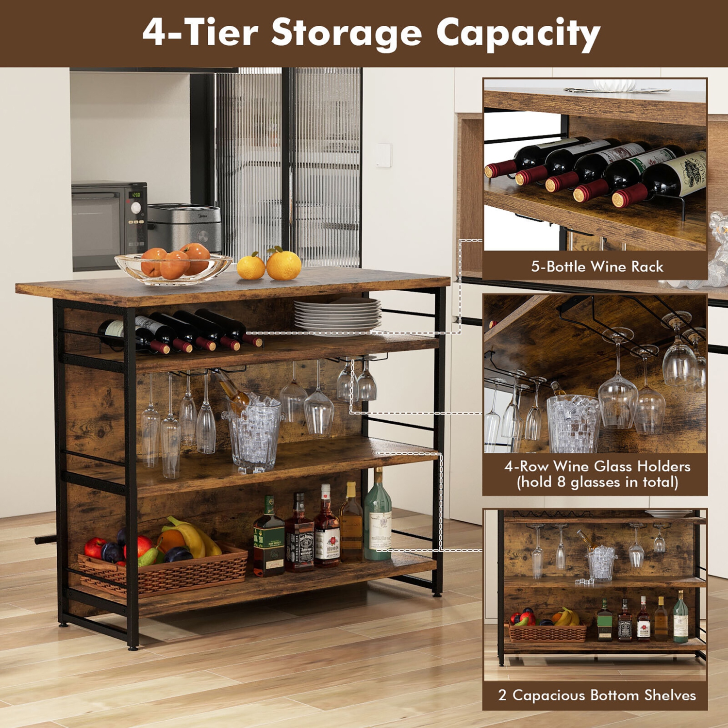 Gymax Industrial Kitchen Island Bar Table 4-Tier Storage Shelf Wine Rack Glass Holders