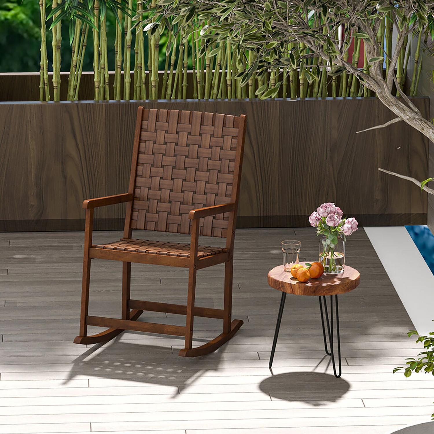 Gymax 2PCS Rocking Chair w/PU Seat & Rubber Wood Frame Safe & Smooth Rocking Motion