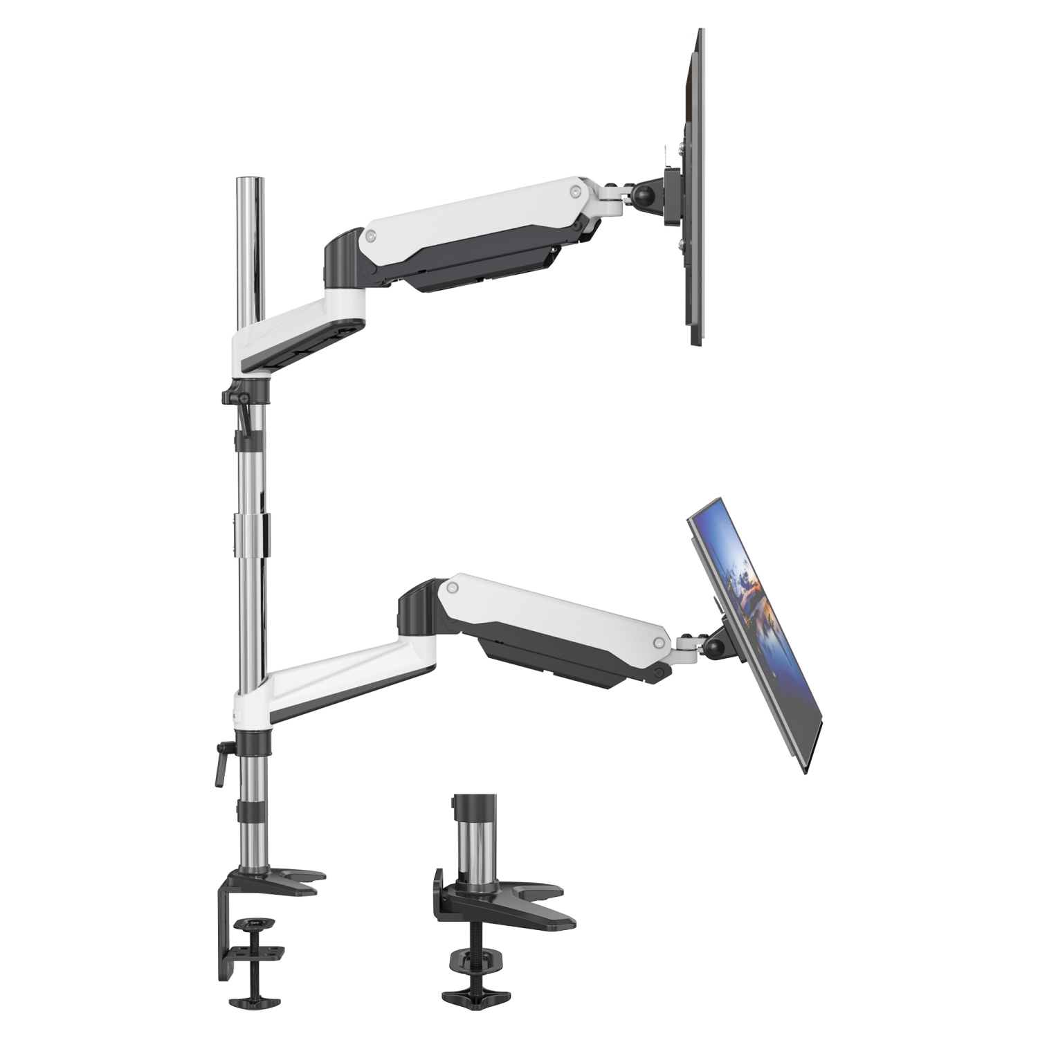 SHOPPINGALL Extra Long Vertically Stacked Dual Gas Spring Monitor Arm for 15”-32” Screens, Both Desk Clamp and Grommet Mounting Options in The Box -