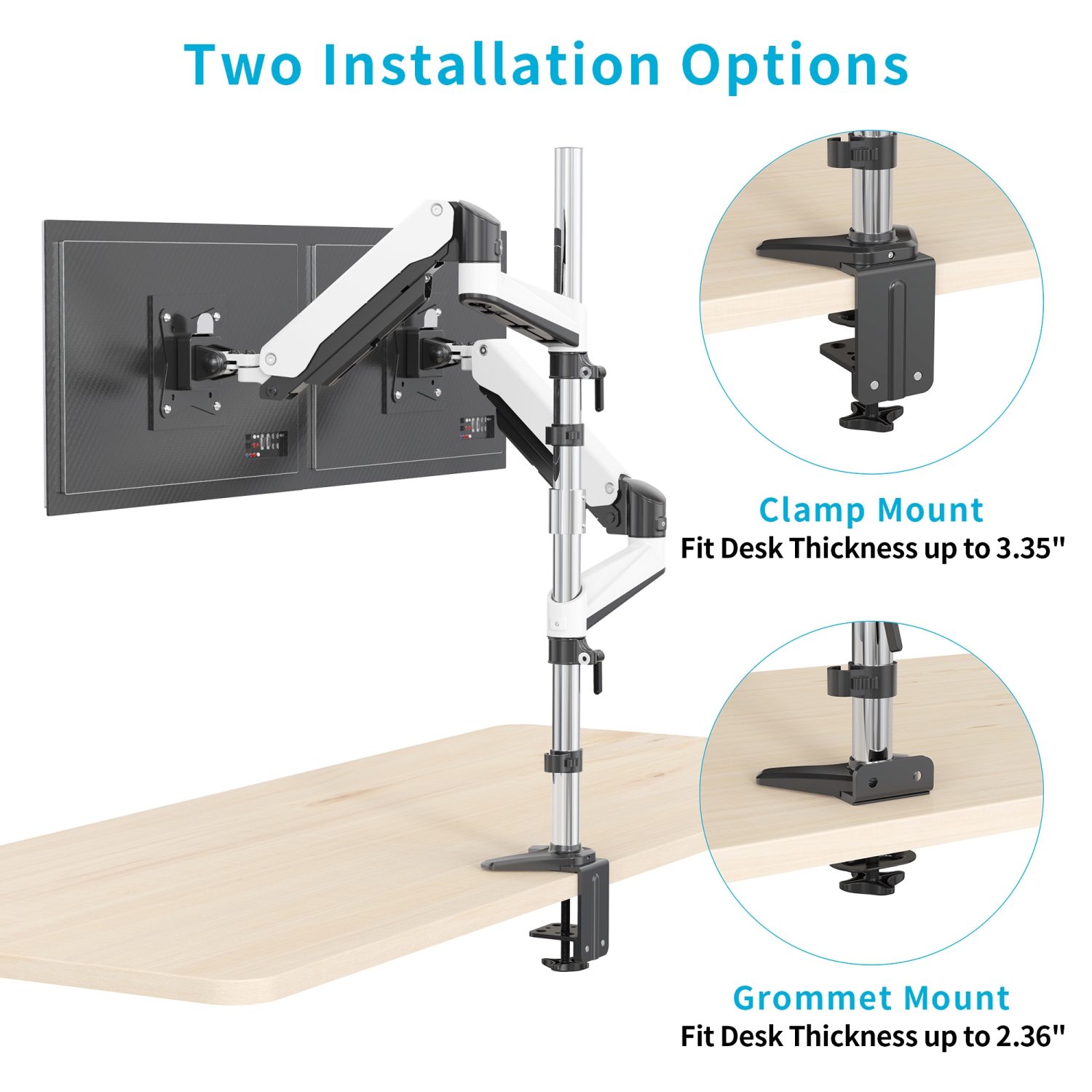 SHOPPINGALL Extra Long Vertically Stacked Dual Gas Spring Monitor Arm for 15”-32” Screens, Both Desk Clamp and Grommet Mounting Options in The Box -