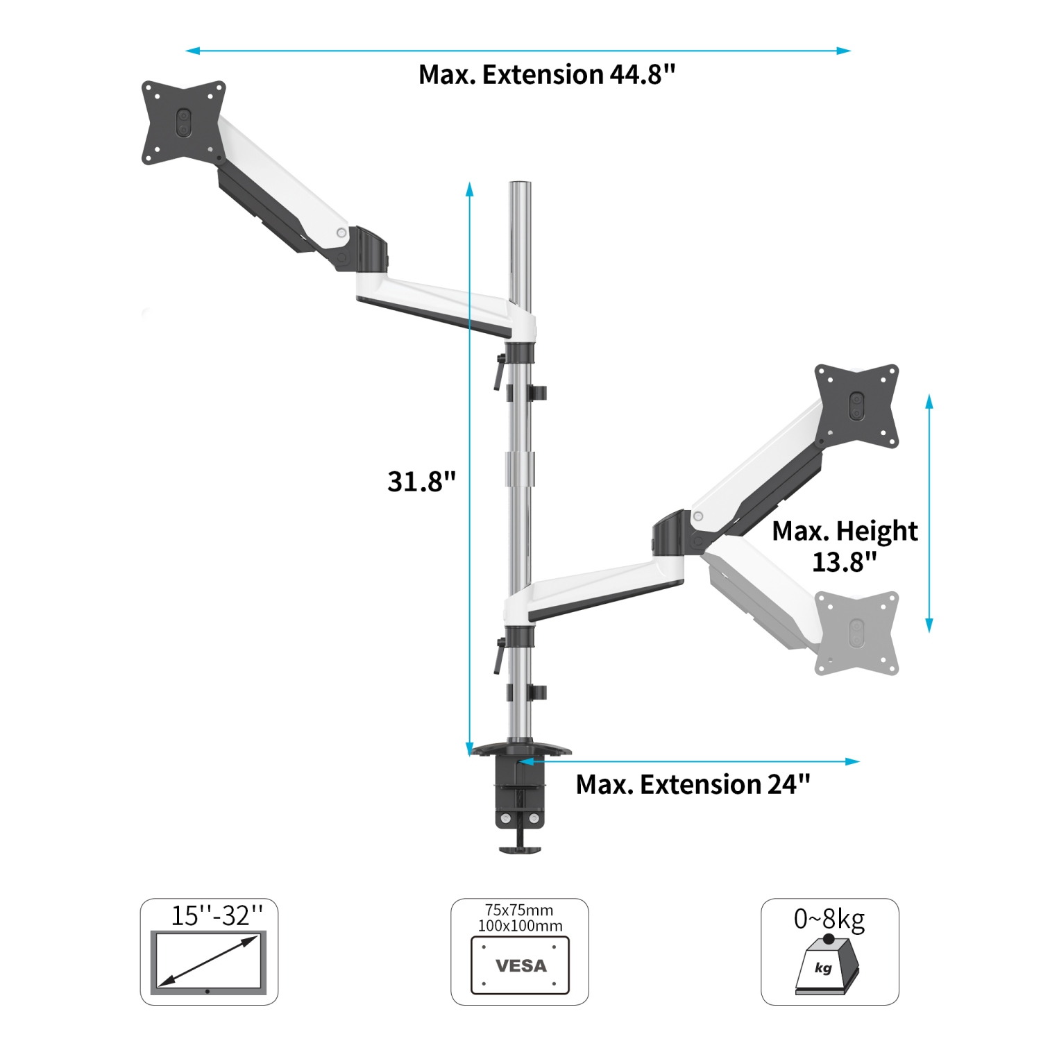 SHOPPINGALL Extra Long Vertically Stacked Dual Gas Spring Monitor Arm for 15”-32” Screens, Both Desk Clamp and Grommet Mounting Options in The Box -