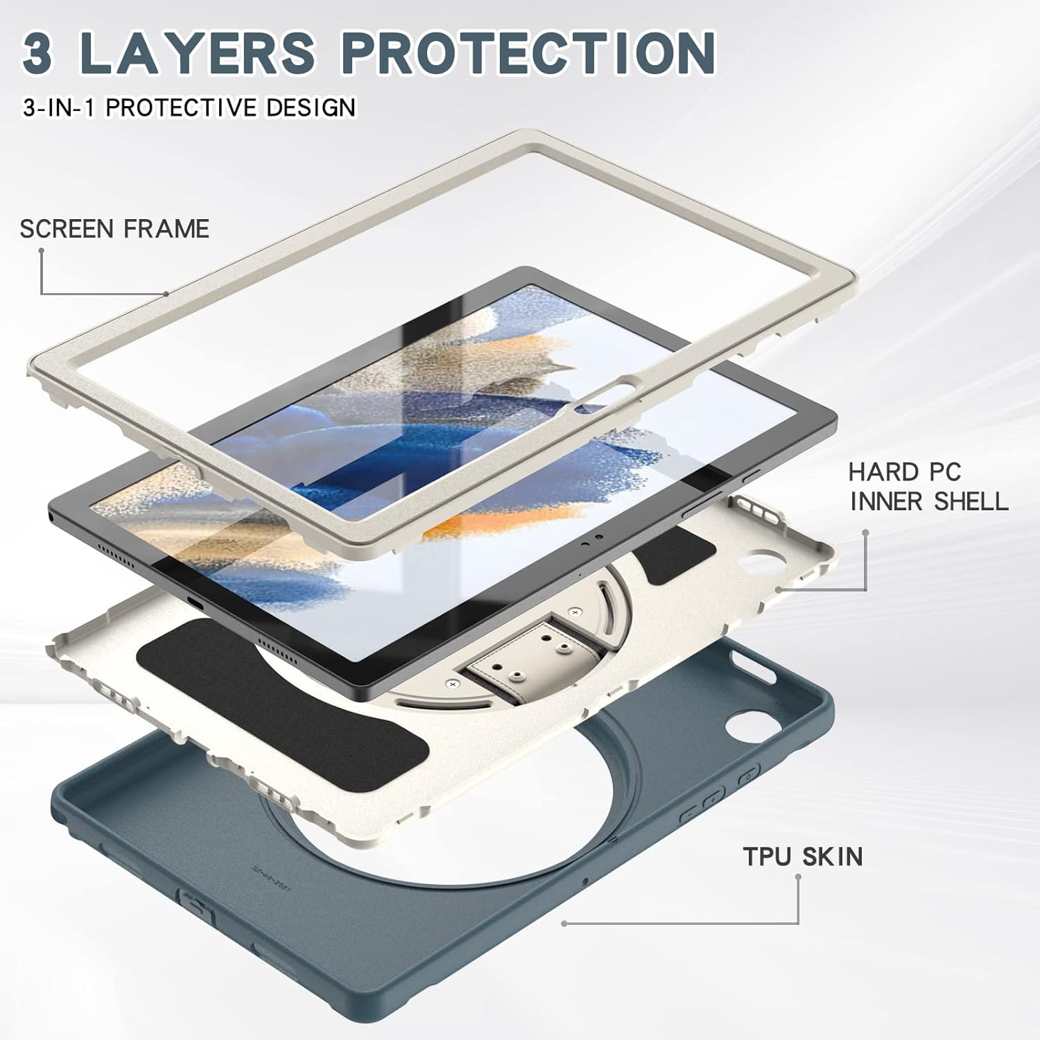 [CS] Shockproof Heavy Duty Rugged Kickstand Case with Hand Strap for Samsung Tablet Tab A8 10.5", SM-X200 SM-X205