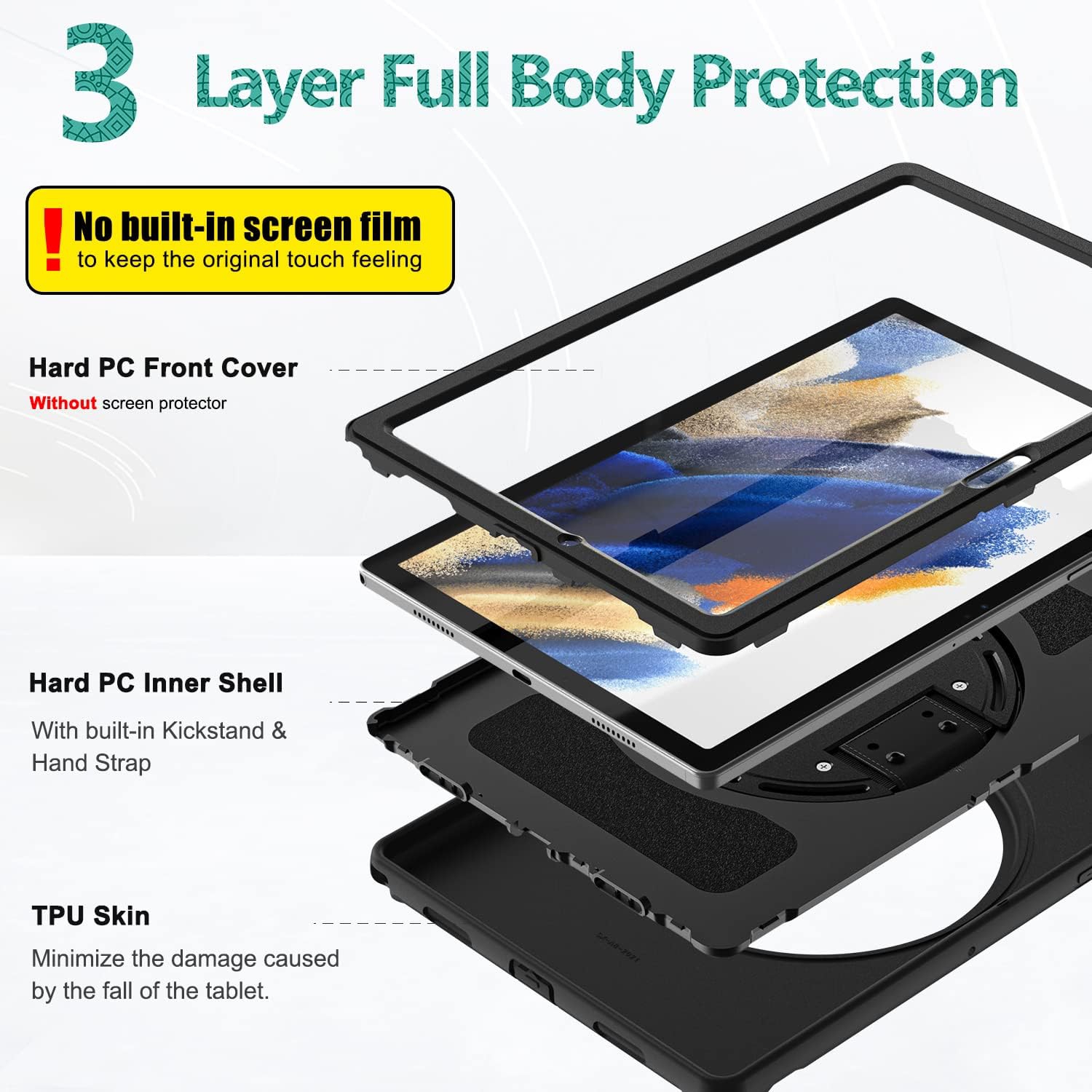 [CS] Shockproof Heavy Duty Rugged Kickstand Case with Hand Strap for Samsung Tablet Tab A8 10.5", SM-X200 SM-X205