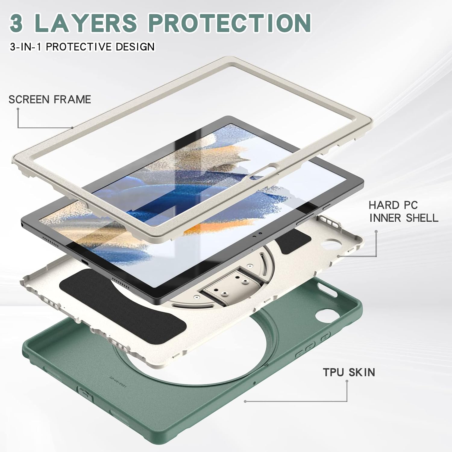 [CS] Shockproof Heavy Duty Rugged Kickstand Case with Hand Strap for Samsung Tablet Tab A8 10.5", SM-X200 SM-X205