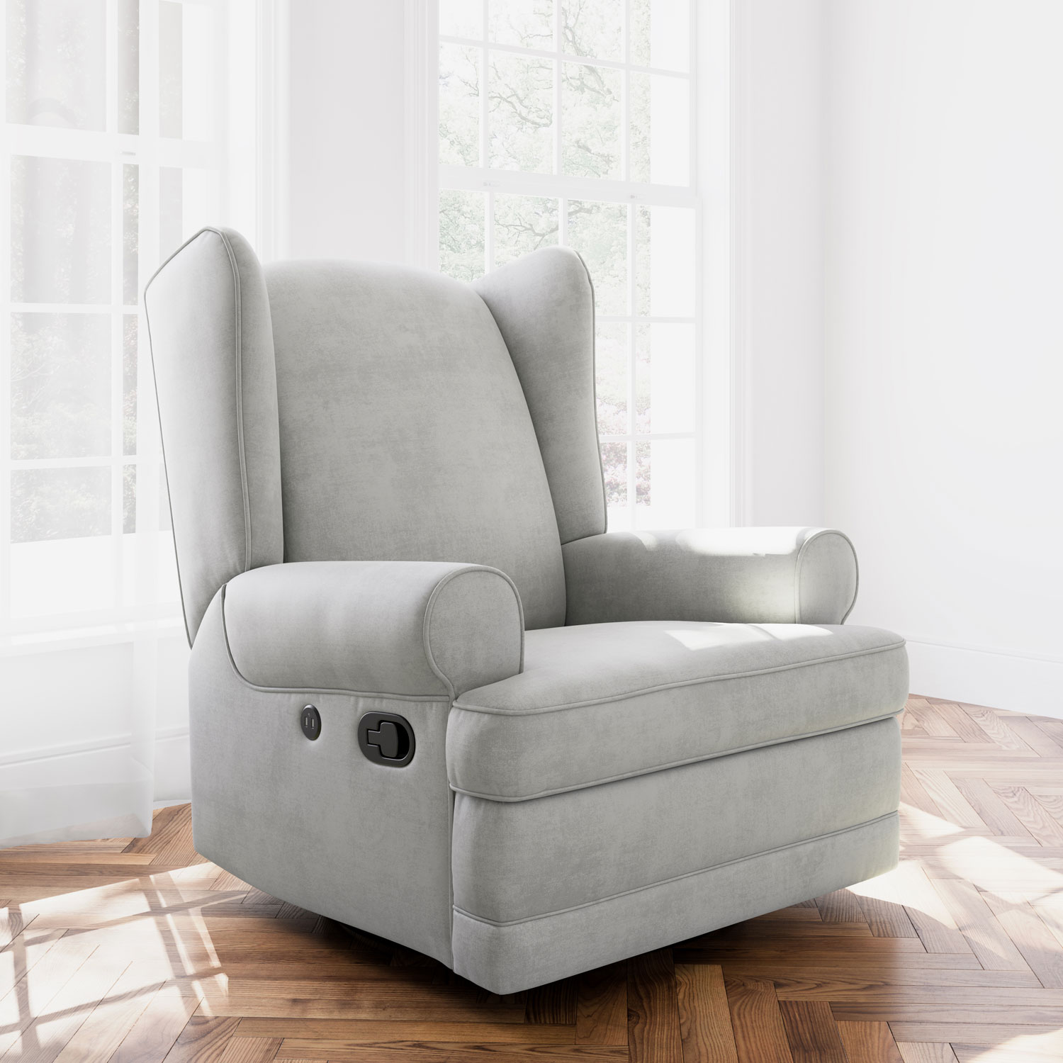 Storkcraft Serenity Wingback Upholstered Reclining Glider with USB Charging Port - Steel