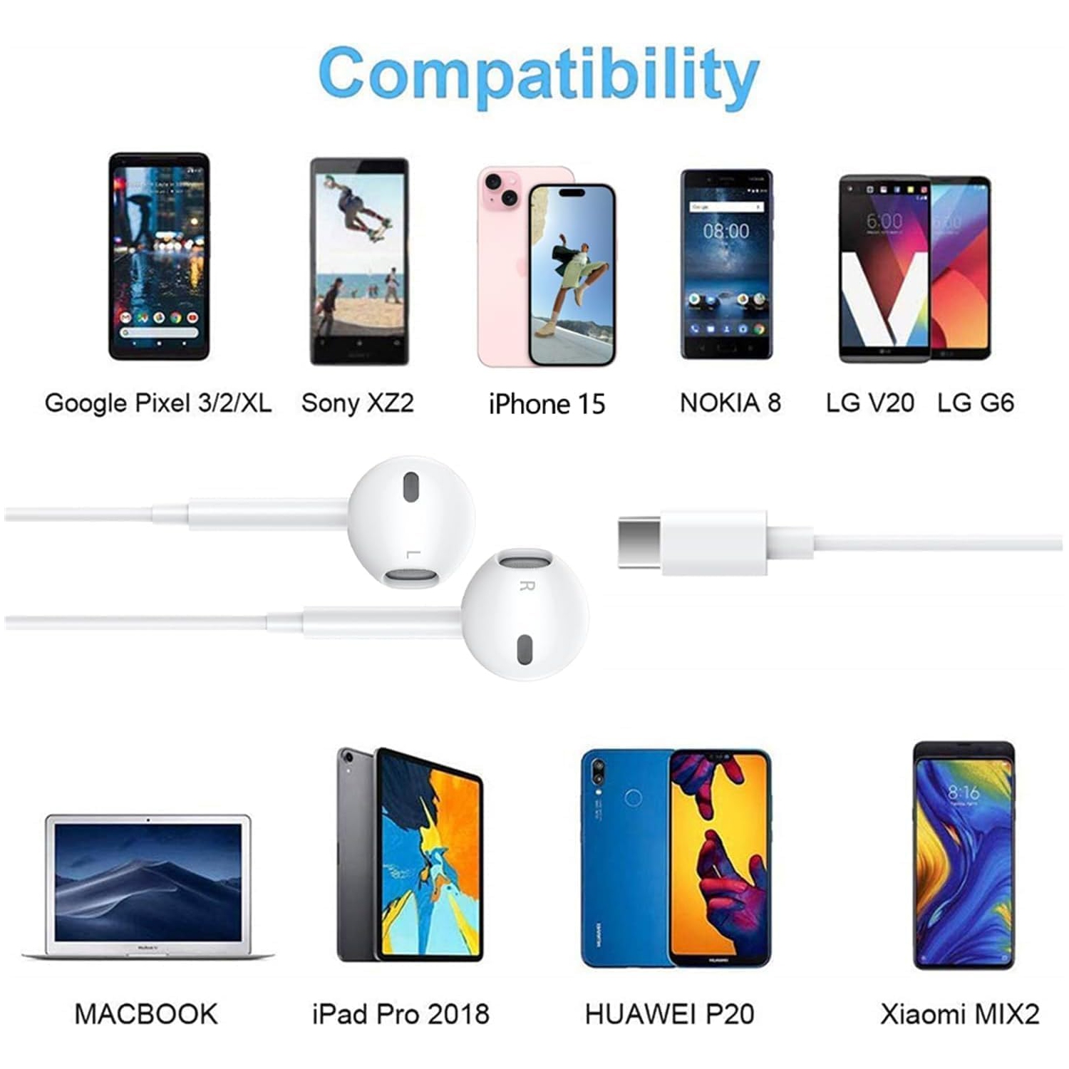 Écouteurs bouton USB-C avec commande de volume du microphone compatible avec les écouteurs iPhone série 15 de Samsung