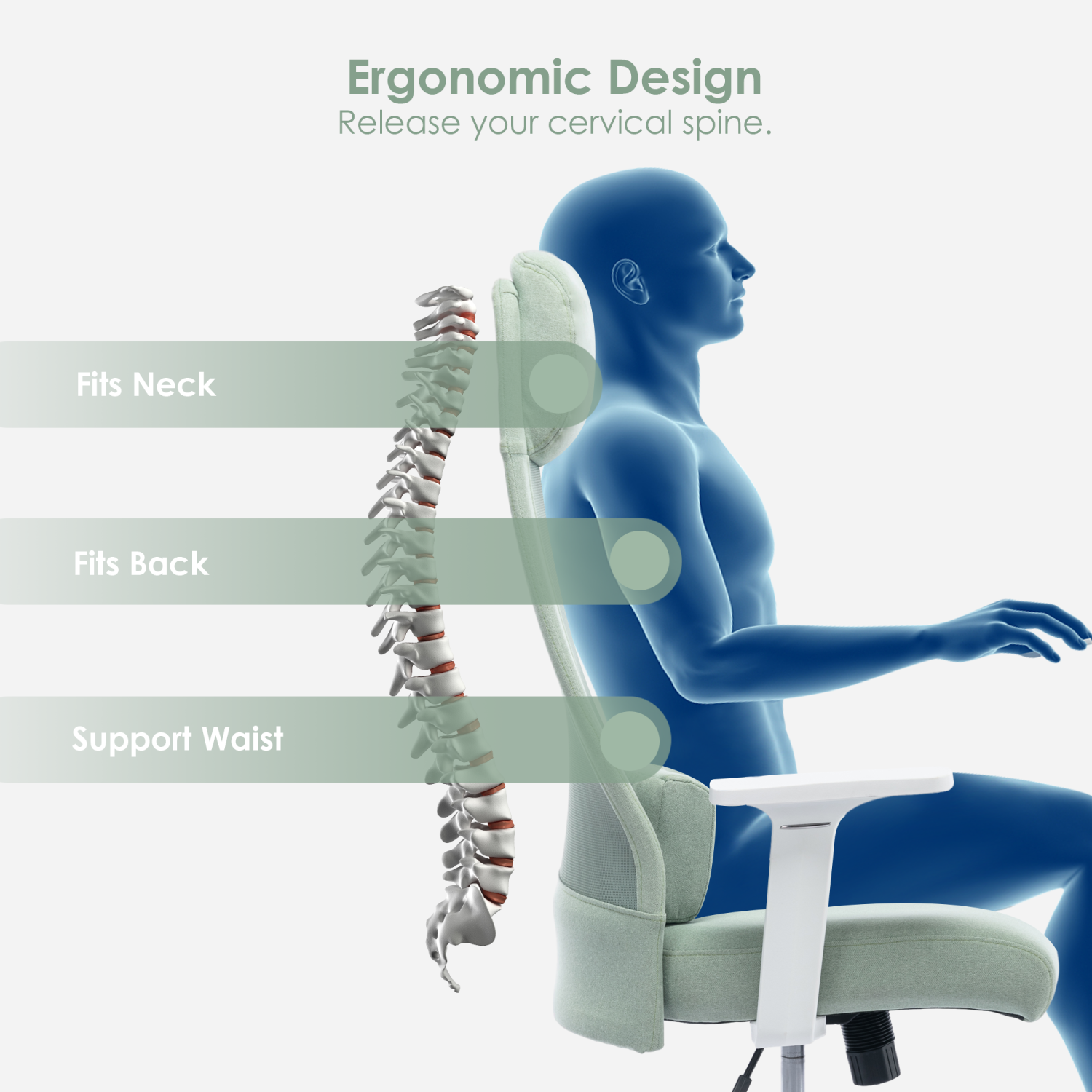 Chaise de bureau ergonomique avec appuie-tête réglable et coussin de taille mobile, chaise de bureau à hauteur réglable pour ordinateur jusqu'à