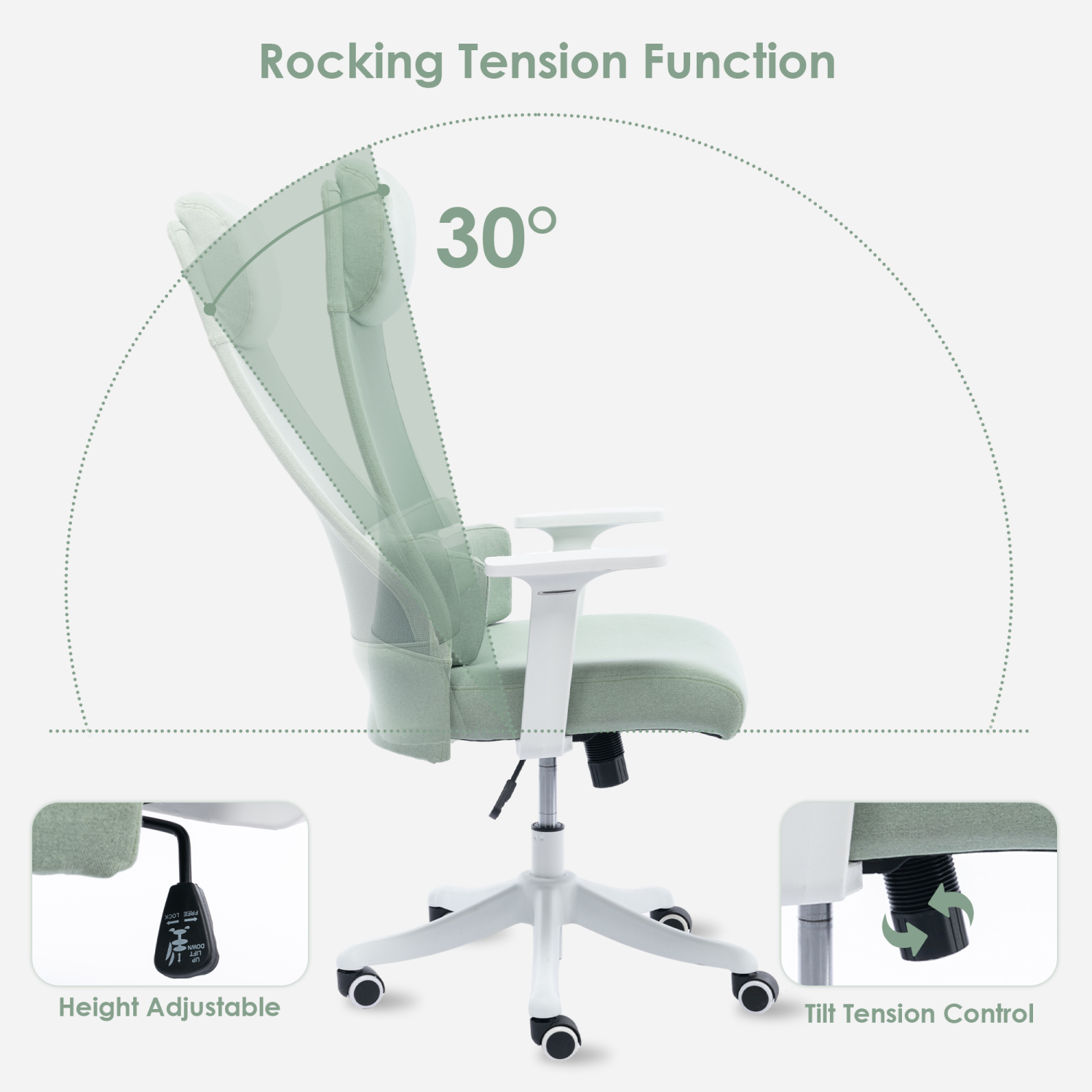 Chaise de bureau ergonomique avec appuie-tête réglable et coussin de taille mobile, chaise de bureau à hauteur réglable pour ordinateur jusqu'à