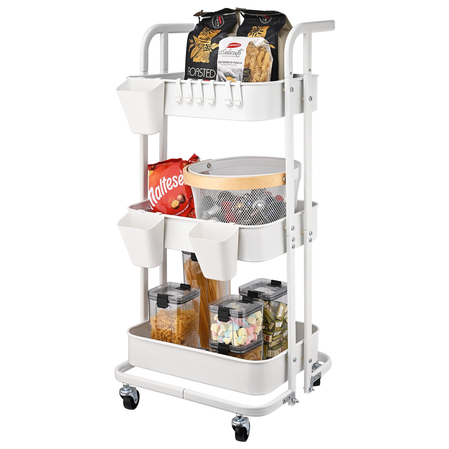 3-Tier Kitchen Rolling Utility Cart,Multifunction Folding Metal Storage Organizer with Handle and 2 Lockable Wheels for Kitchen Bathroom and Living Room