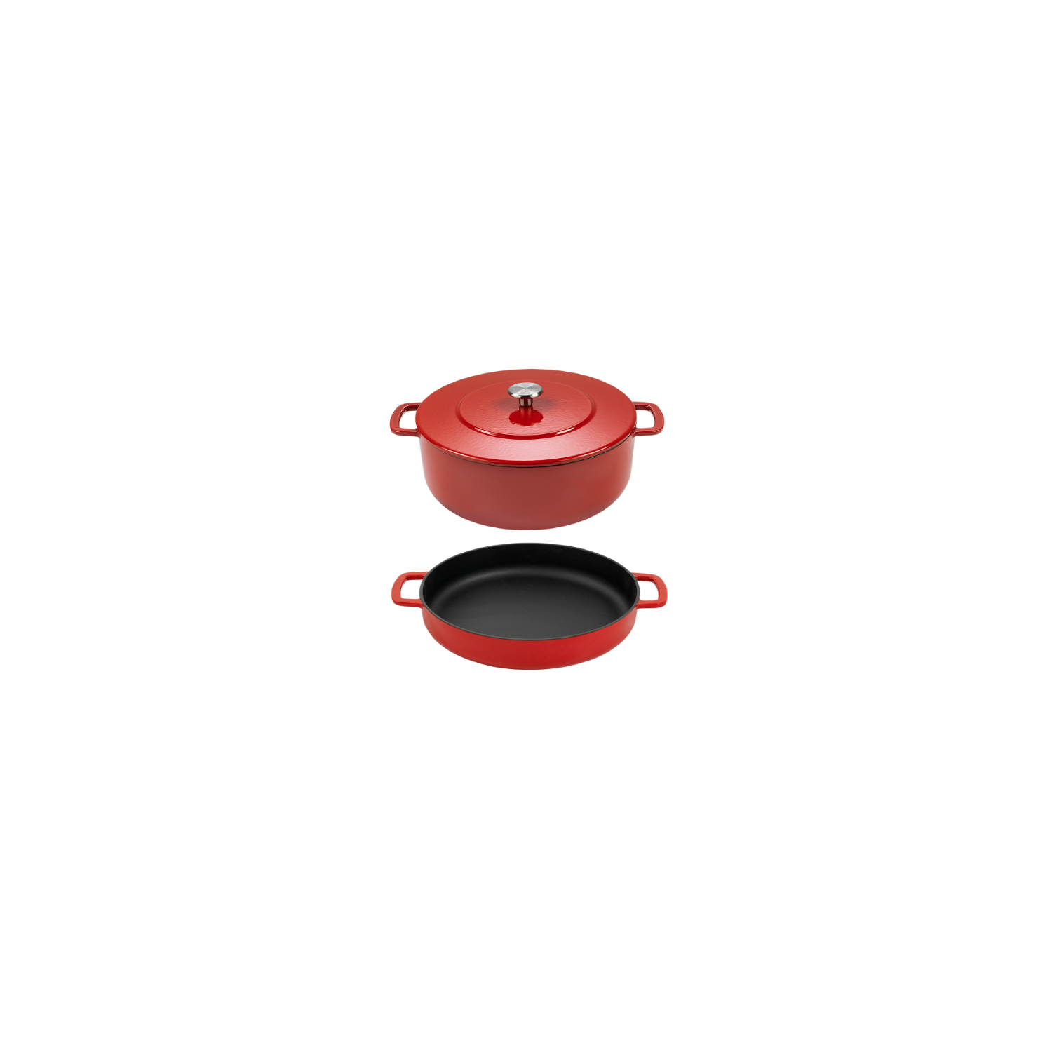 Combekk Cast Iron 24cm Red Dutch Oven and Dual-Handle Frying Pan, 2 Pc. Set