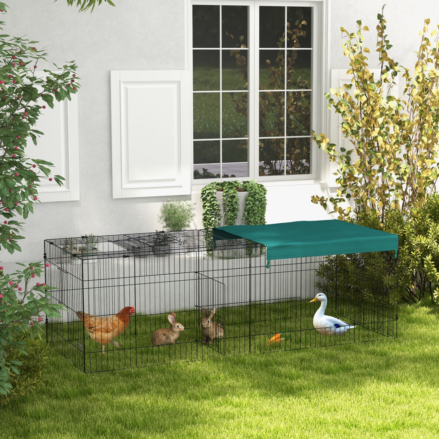 PawHut 87"L Small Animals Pet Playpen Catio Cage with Doors for Rabbits, Guinea Pig, Chicken, Chinchillas, Cat, Quail, Duck, Outdoor Indoor Use with