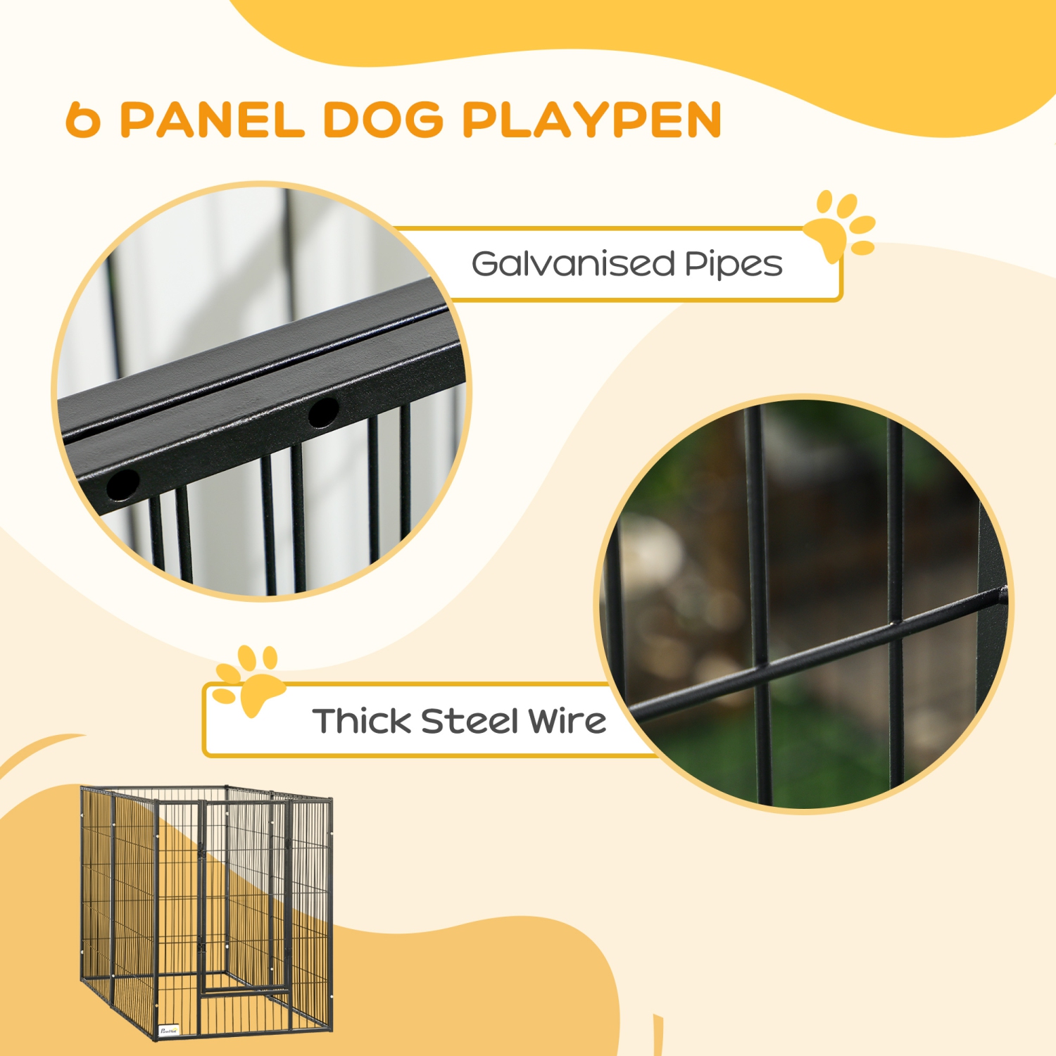 PawHut 6 Panel Dog Playpen Dog Pen Metal Pet Fence for Outside Indoor, Adjustable Width, Heavy Duty Steel Frame, 32.5"-59"W x 24"D x 40''H Black