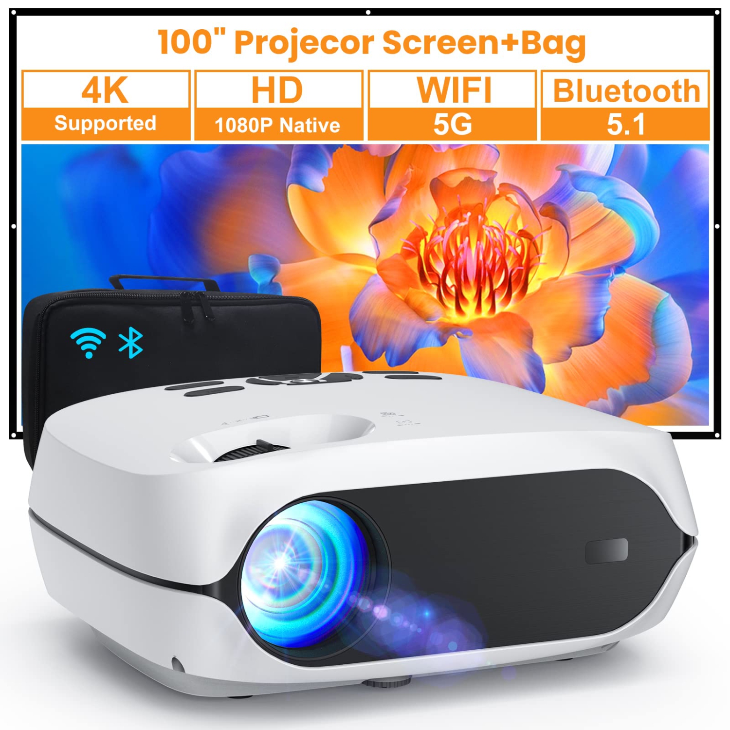 Projector, 5G WiFi Bluetooth Projector, Native 1080P Portable Projector with Screen and Bag, 12000L 4K Support 300" Outdoor Movie Projector Compatible with Smartphone/HDMI/USB/