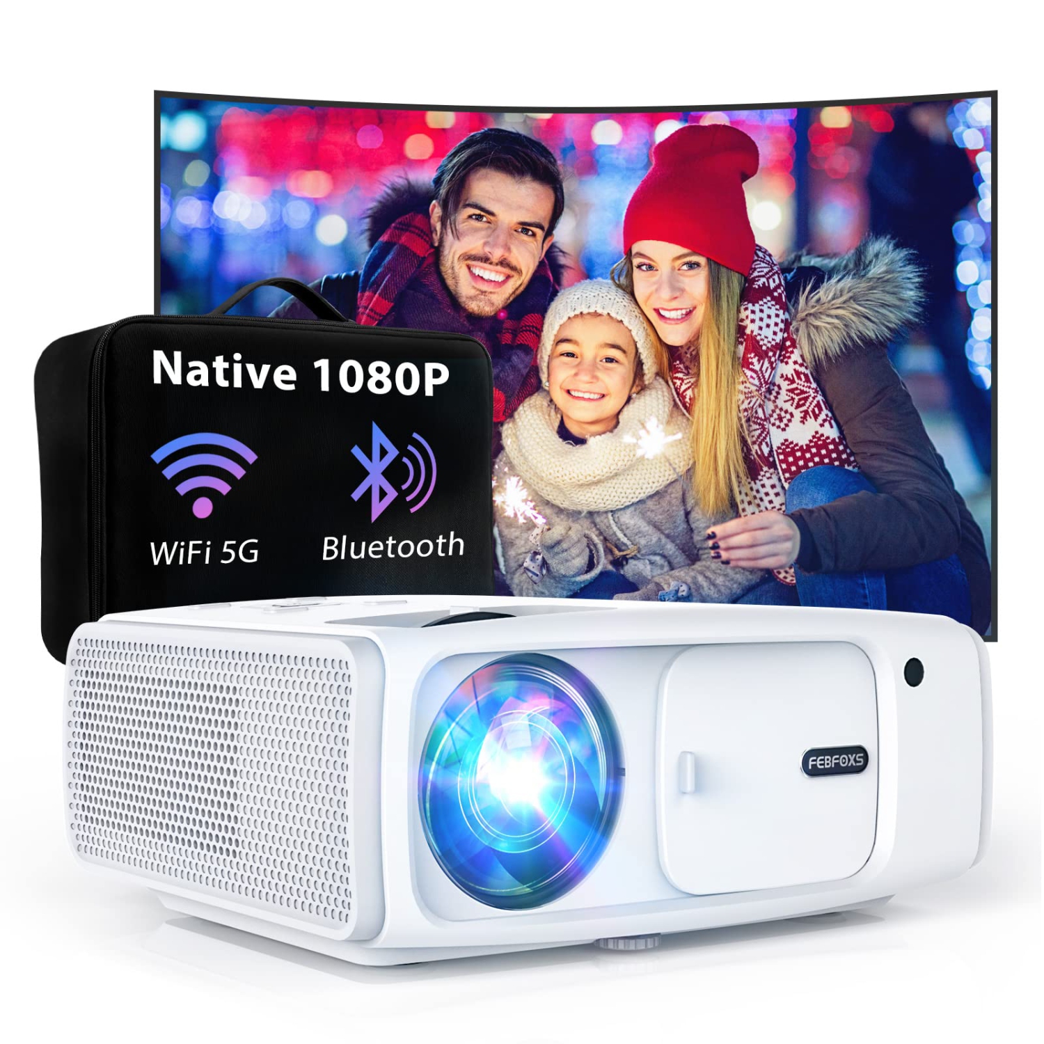 Projector with WiFi and Bluetooth, Mini Portable Projector with Bag, Native 1080P Projector for indoor or outdoor movie ues, Compatible with Phone/Laptop/TV Stick/PS5