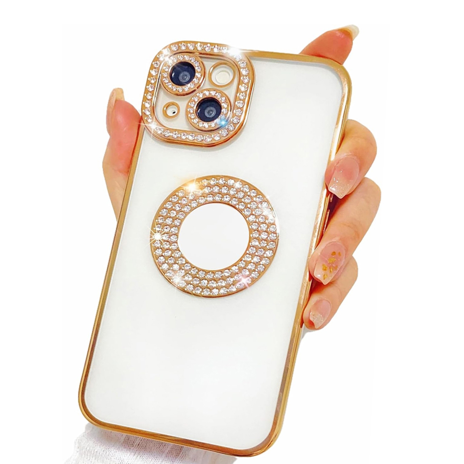 Étui pour iPhone 15, protection de l'appareil photo avec brillants diamants brillants et brillants, pierre du Rhin, étui avec logo, compatible avec