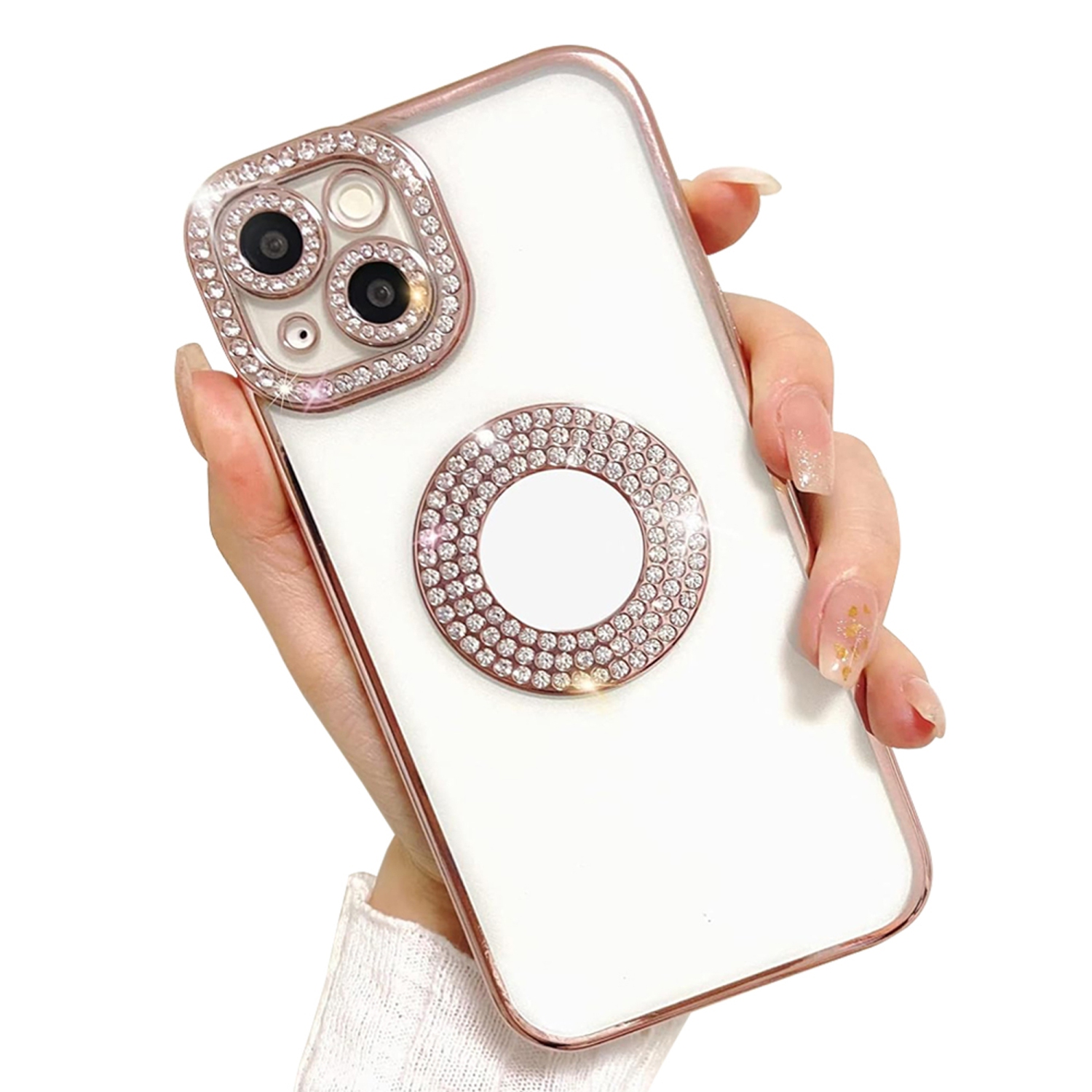 for iPhone 15 Plus Case, Camera Protection with Glitter Sparkle Diamond Bling Rhinestone Shiny Cute Cover with Logo View Case Compatible with iPhone