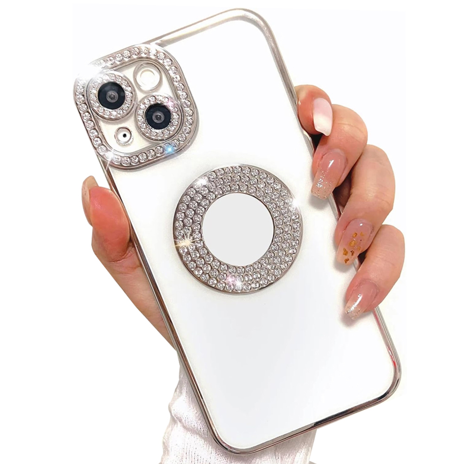 for iPhone 15 Plus Case, Camera Protection with Glitter Sparkle Diamond Bling Rhinestone Shiny Cute Cover with Logo View Case Compatible with iPhone