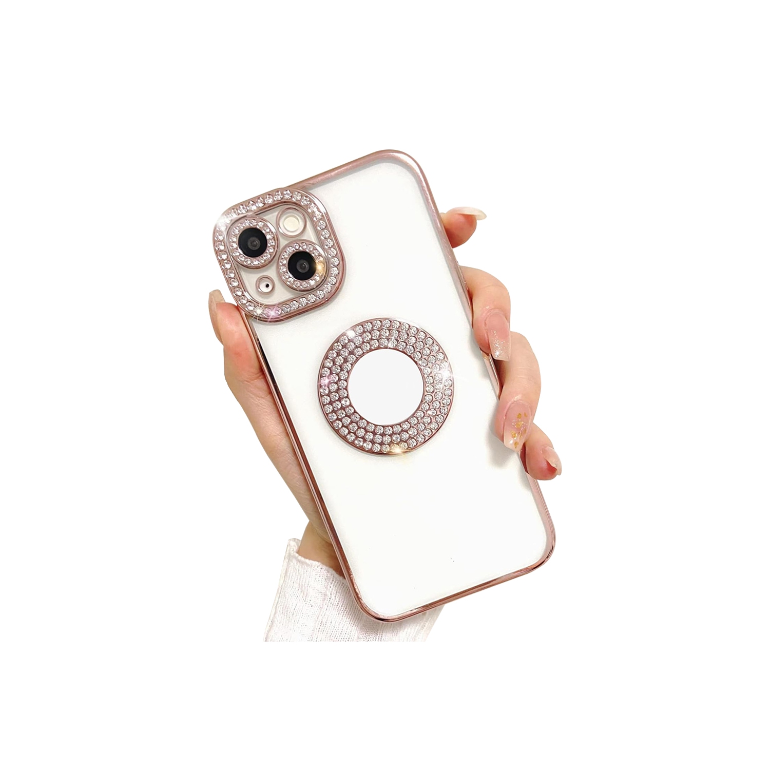 for iPhone 15 Pro Case, Camera Protection with Glitter Sparkle Diamond Bling Rhinestone Shiny Cute Cover with Logo View Case Compatible with iPhone