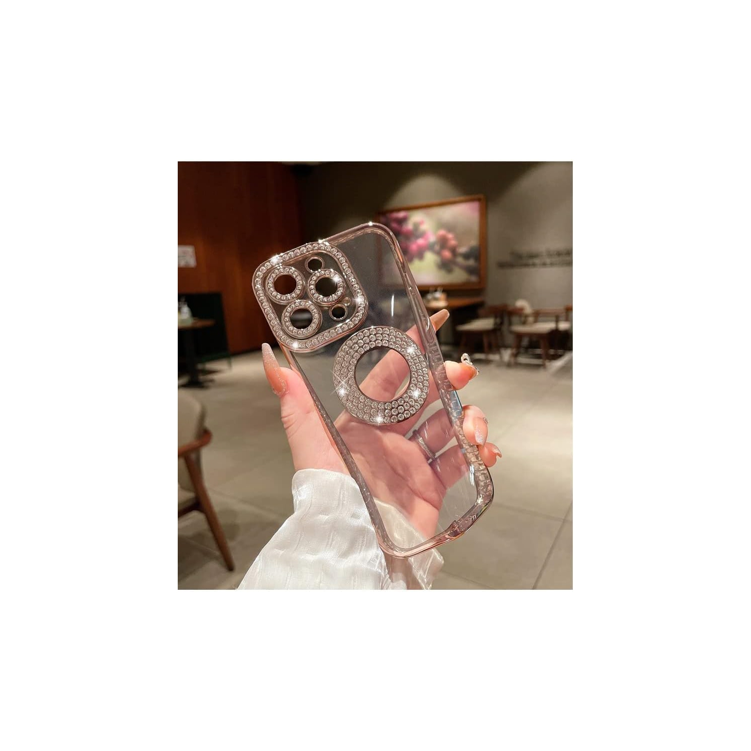 for iPhone 15 Pro Case, Camera Protection with Glitter Sparkle Diamond Bling Rhinestone Shiny Cute Cover with Logo View Case Compatible with iPhone