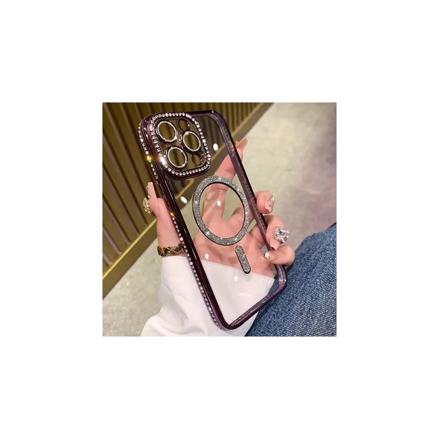 for iPhone 15 Pro Case, Camera Protection with Glitter Sparkle Diamond Bling Rhinestone Shiny Cute Cover with Logo View Case Compatible with iPhone