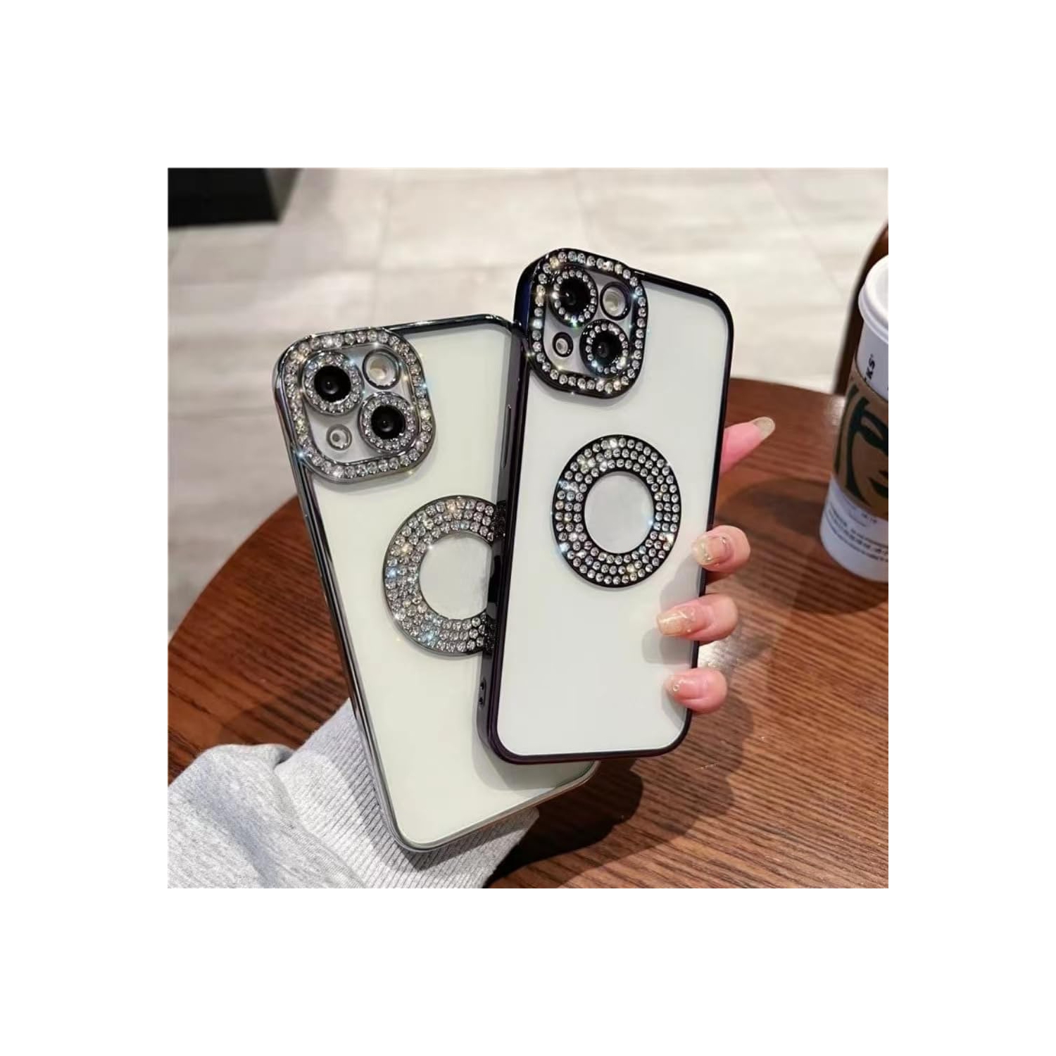 for iPhone 15 Pro Max Case, Camera Protection with Glitter Sparkle Diamond Bling Rhinestone Shiny Cute Cover with Logo View Case Compatible with