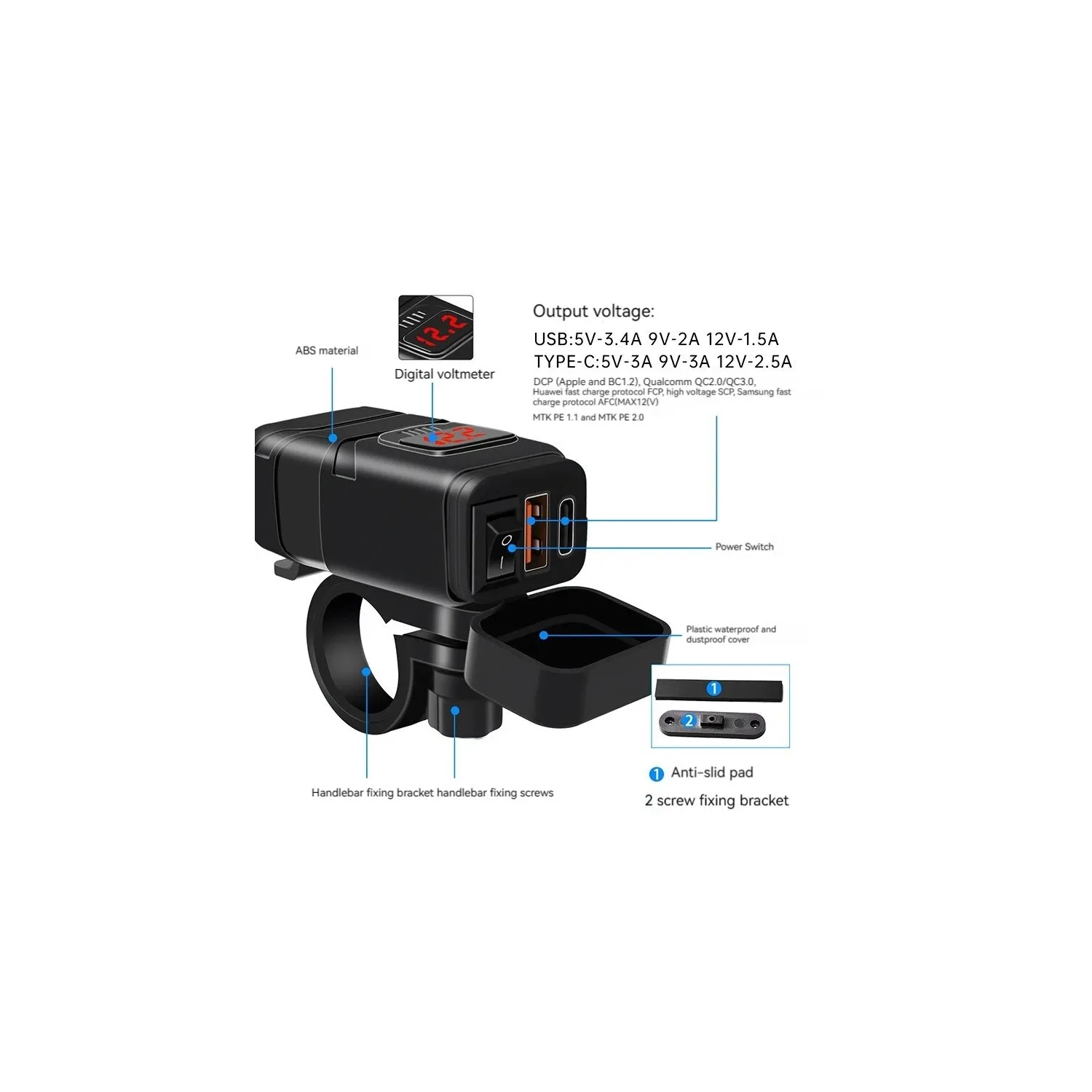 Chargeur mobile à deux ports USB pour motocyclette, charge rapide de 12V a avec affichage de tension étanche et voltmètre