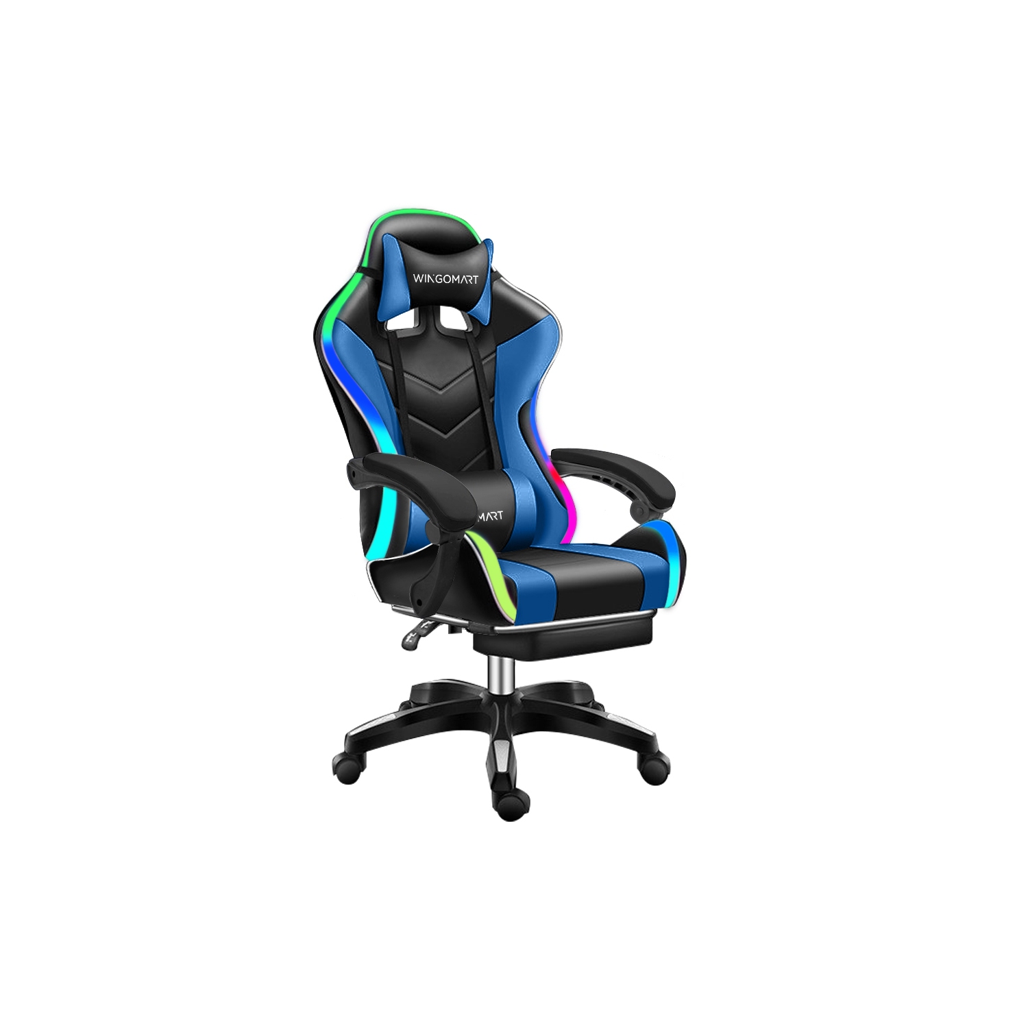 WINGOMART Ergonomic High-Back PU Faux Leather Gaming Chair W/ built in RGB LED light, Office chair with Lumbar Massage & Footrest High Back