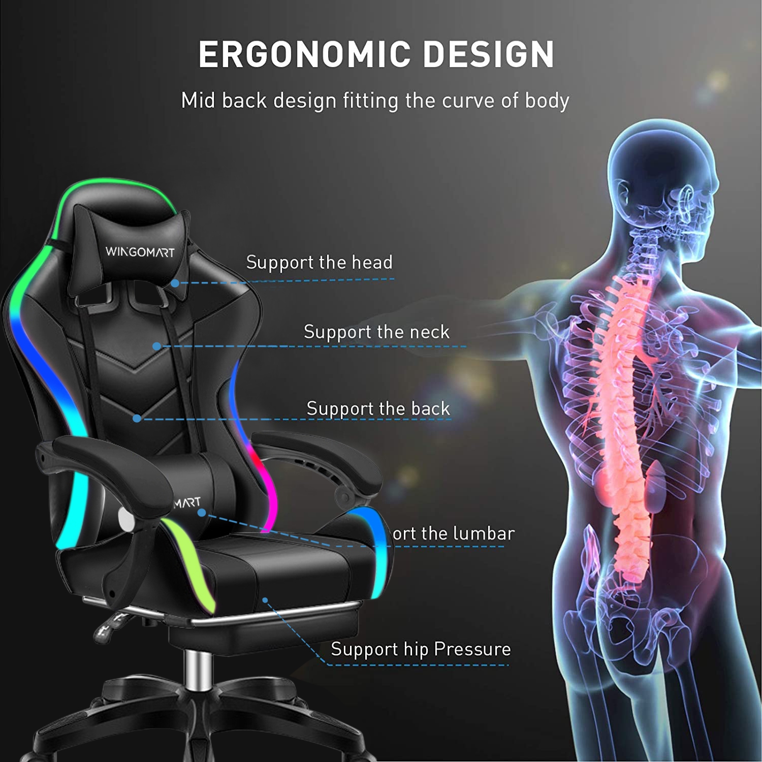 WINGOMART Ergonomic High-Back PU Faux Leather Gaming Chair W/ built in RGB LED light, Office chair with Lumbar Massage & Footrest High Back