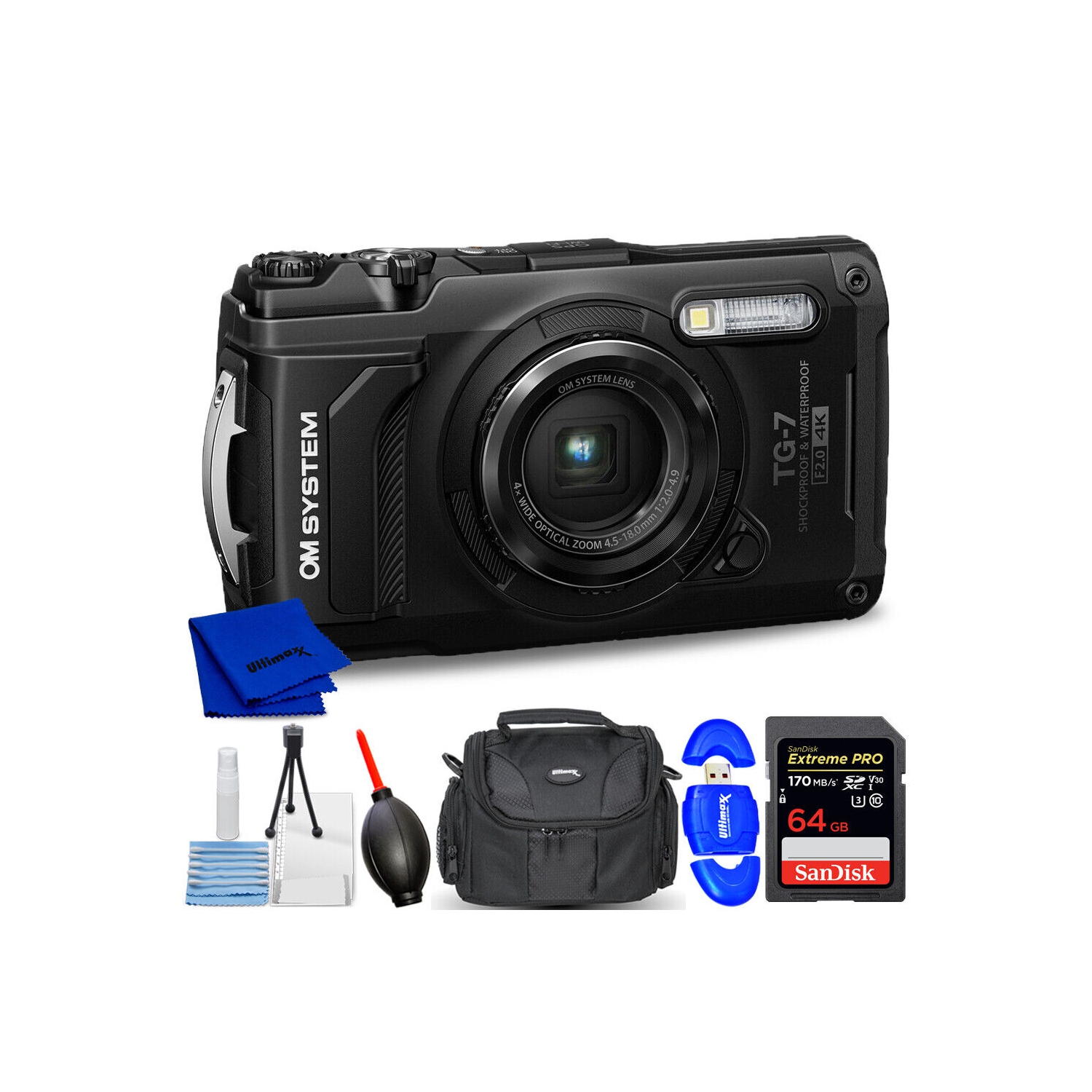 OM SYSTEM Tough TG-7 Digital Camera V110030BU000 - 7PC Accessory Bundle