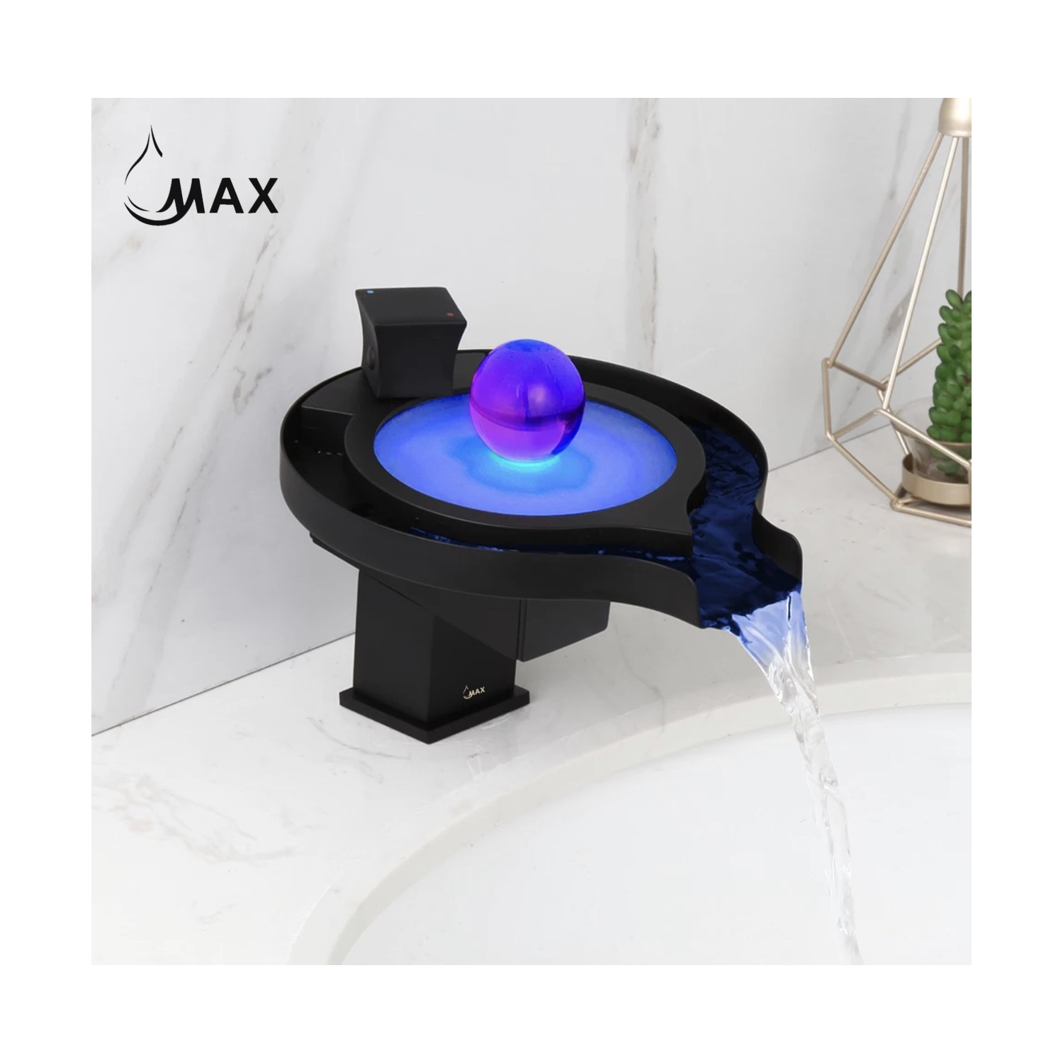 MAX Faucets Waterfall Bathroom Faucet With LED Light Matte Black / Glass Finish