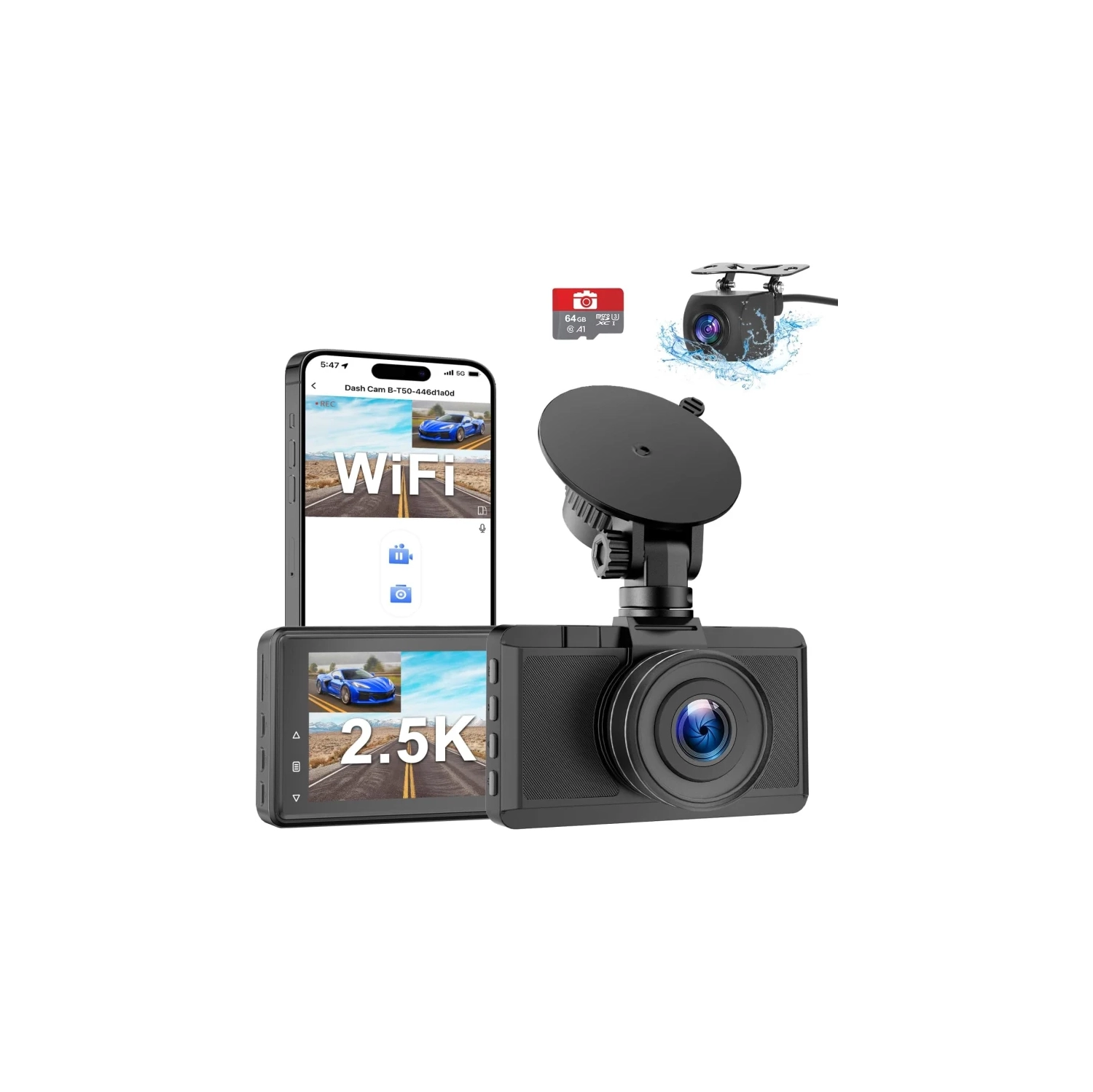 Caméra de tableau de bord 2,5K + 1080P caméra avant et arrière | Wi-Fi, moniteur de stationnement, Super Night Vision