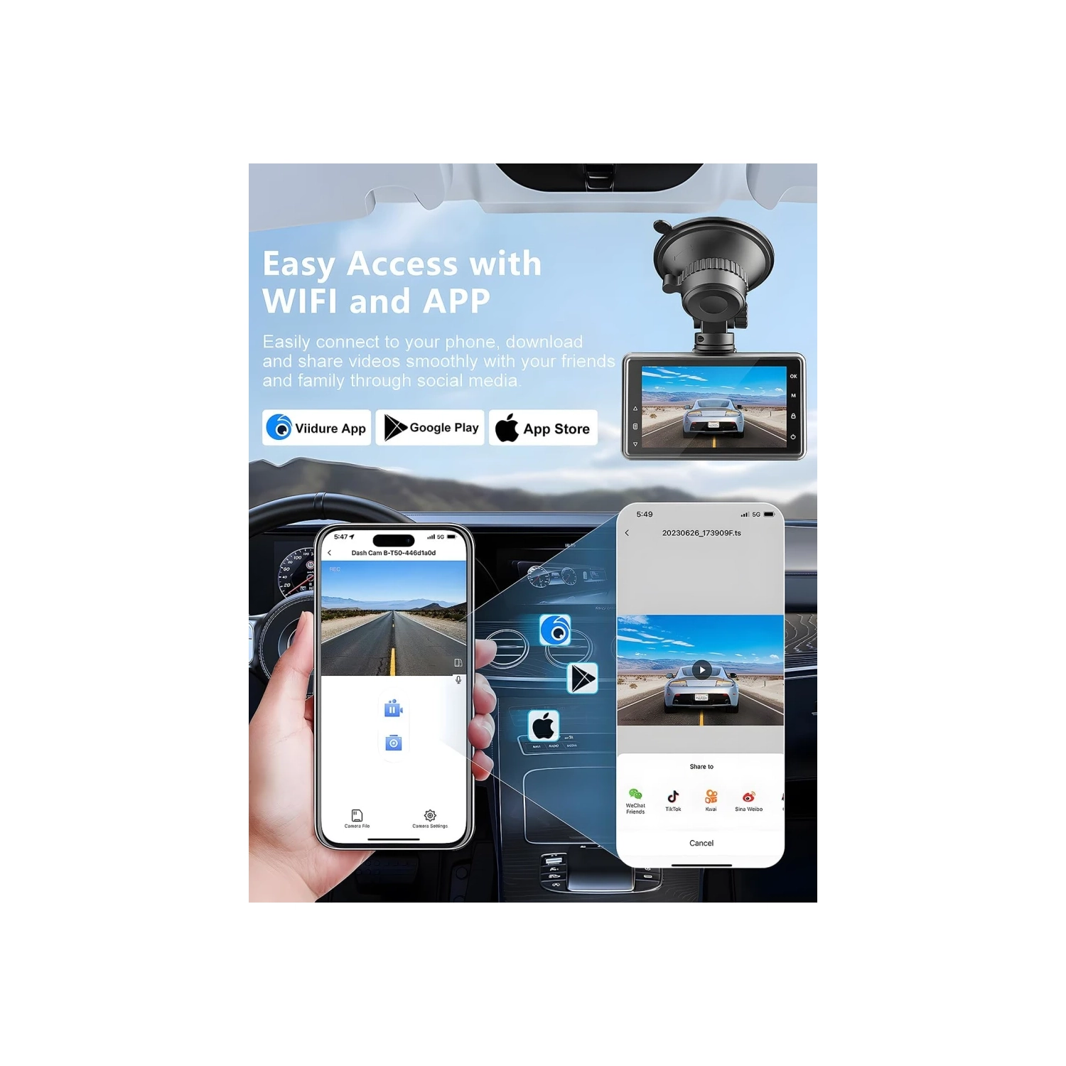 Caméra de tableau de bord 2,5K + 1080P caméra avant et arrière | Wi-Fi, moniteur de stationnement, Super Night Vision