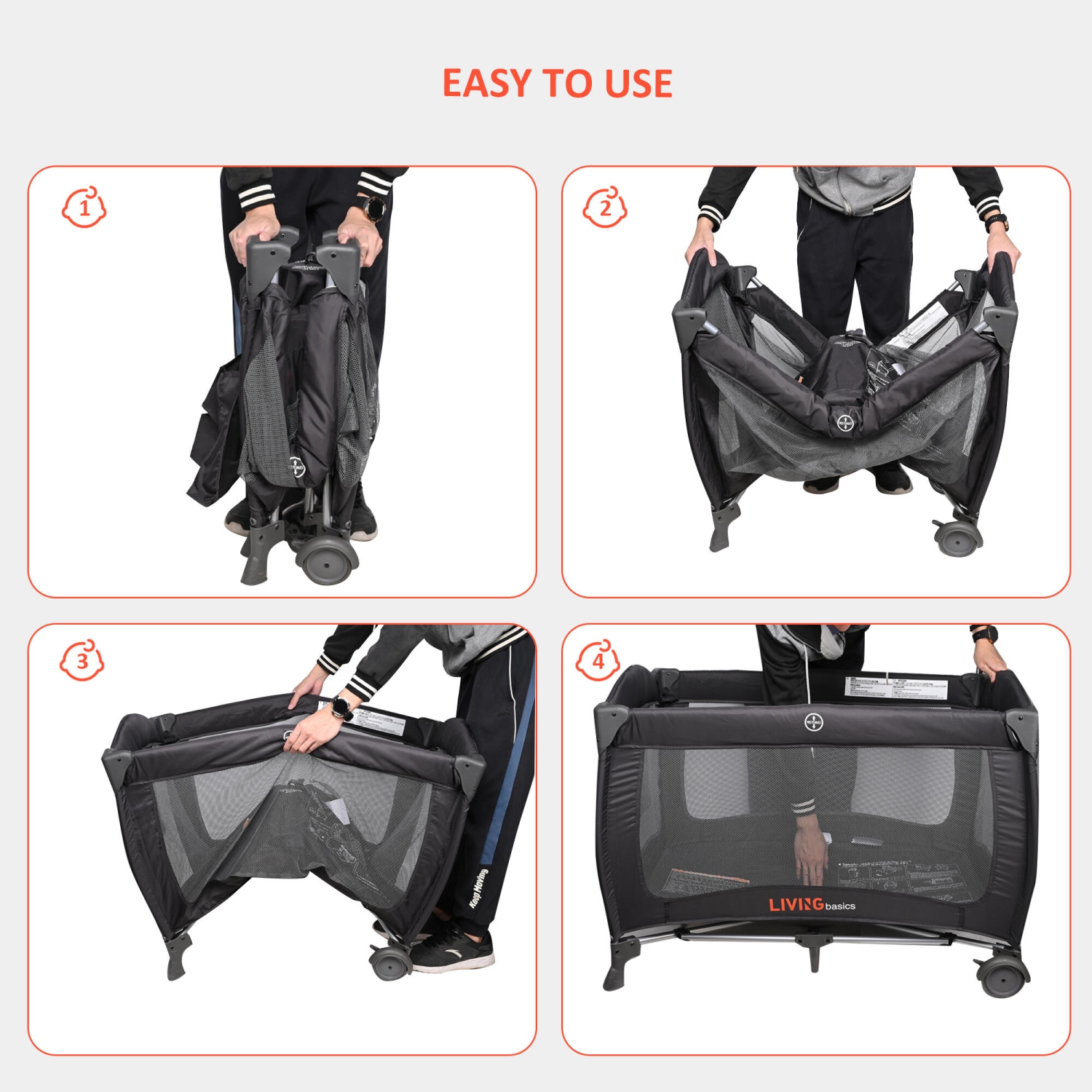 2-in-1 Foldable Baby Playard and Bassinet with Wheels for Freely Moving, Portable Crib Bed Play Yard Weight to 30lbs