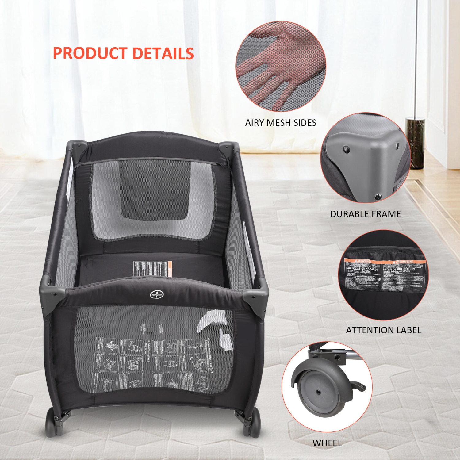 2-in-1 Foldable Baby Playard and Bassinet with Wheels for Freely Moving, Portable Crib Bed Play Yard Weight to 30lbs