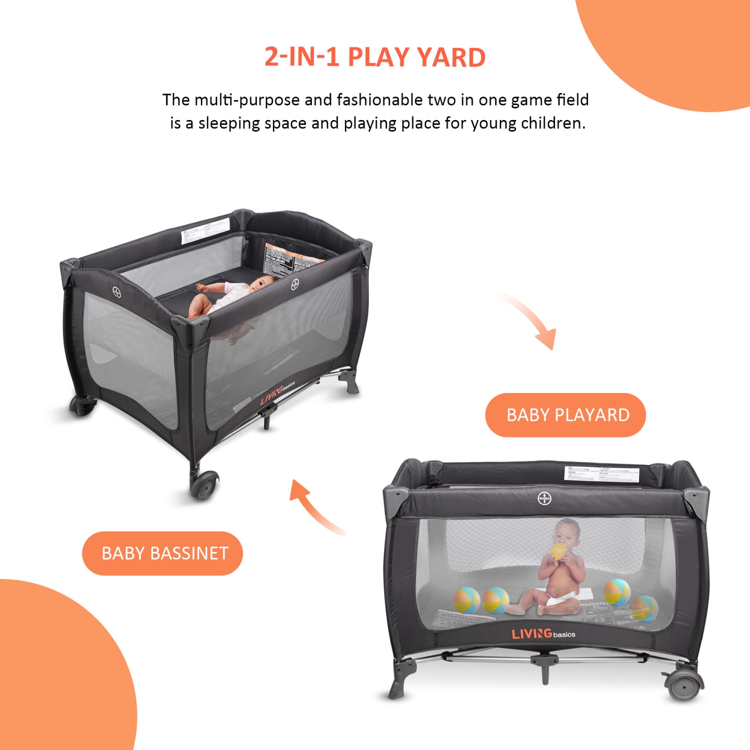 2-in-1 Foldable Baby Playard and Bassinet with Wheels for Freely Moving, Portable Crib Bed Play Yard Weight to 30lbs
