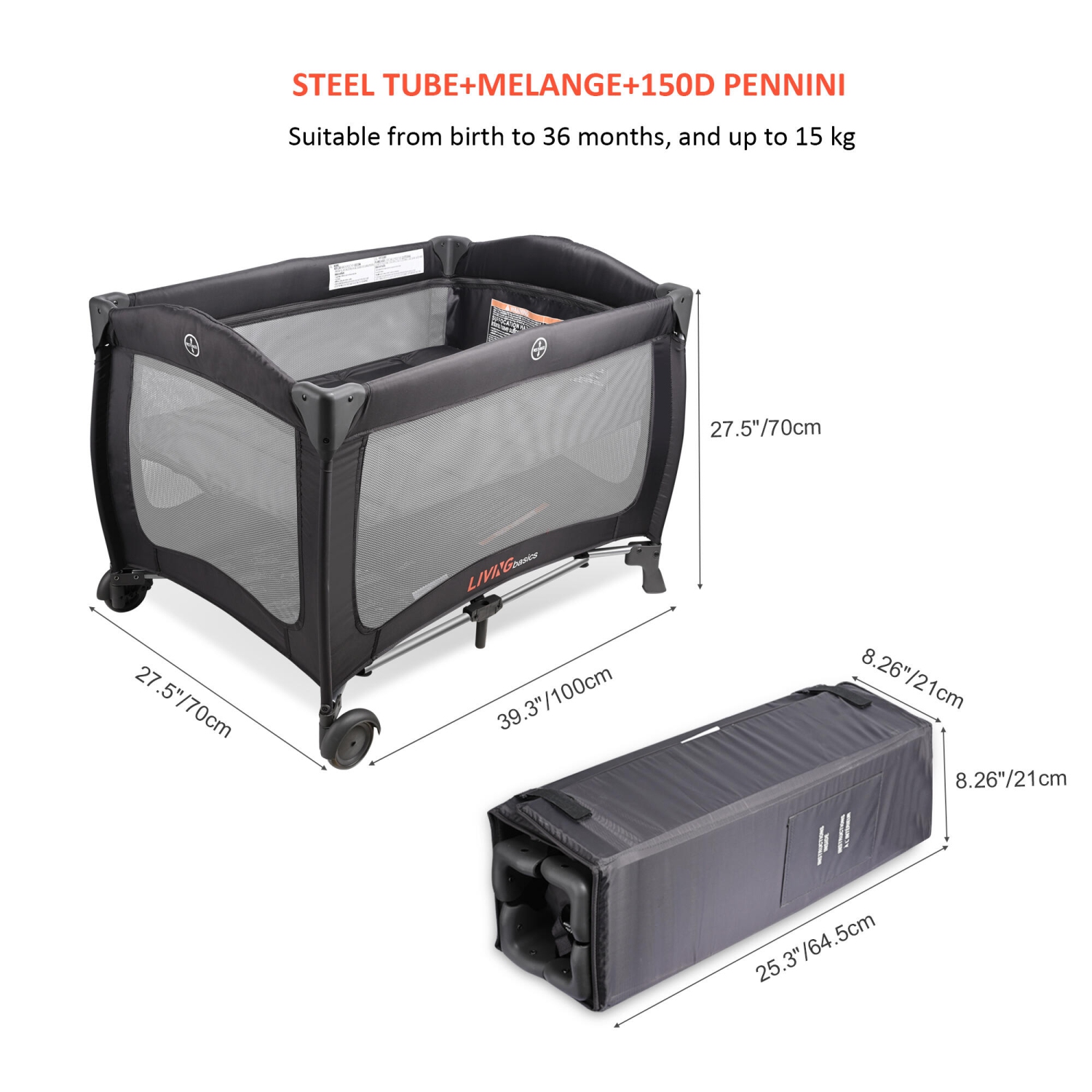 2-in-1 Foldable Baby Playard and Bassinet with Wheels for Freely Moving, Portable Crib Bed Play Yard Weight to 30lbs