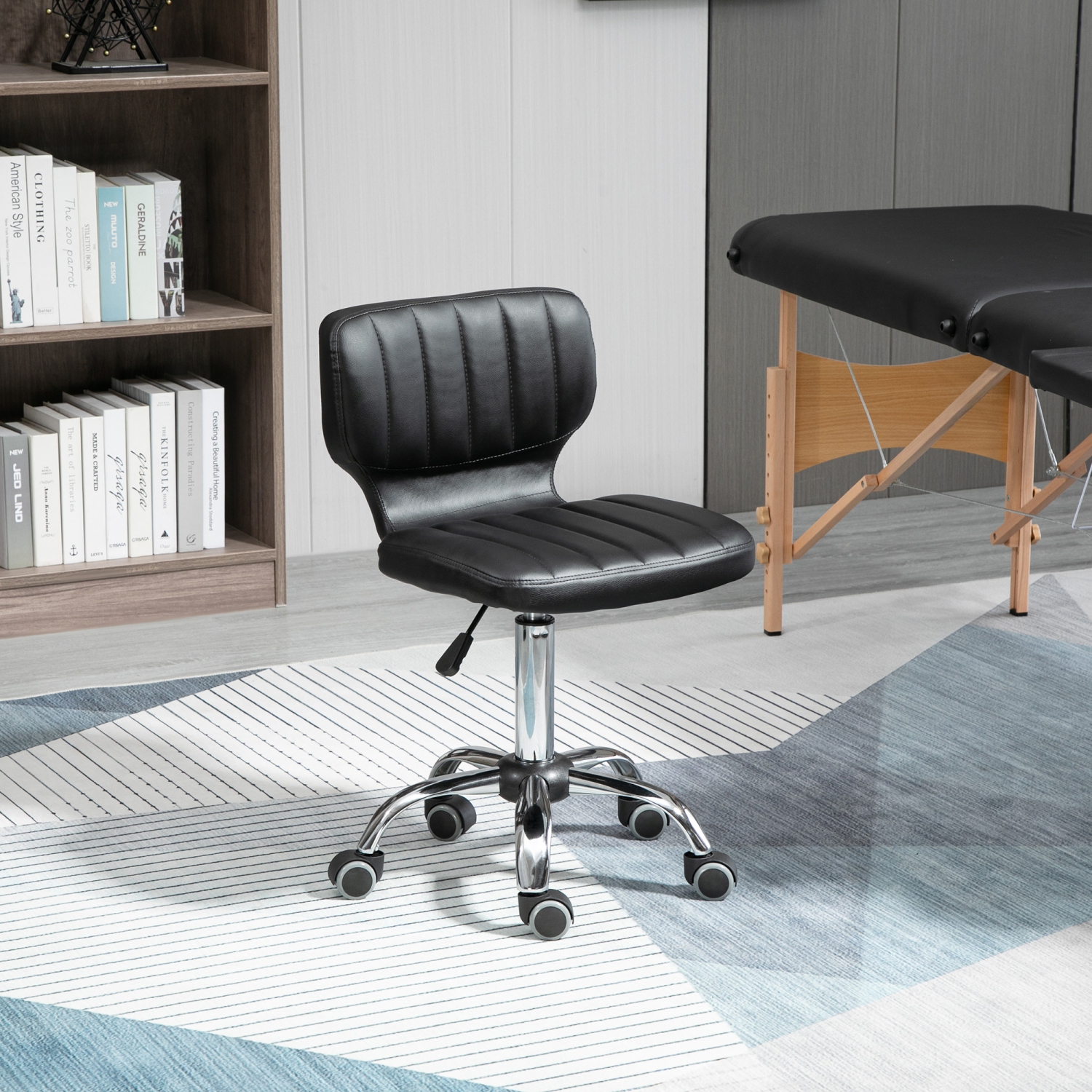 HOMCOM Vanity Chair with Back, Small Armless Office Chair with Wheels, Comfy PU Leather Salon Stool with Adjustable Height, 360°Swivel for Beauty,