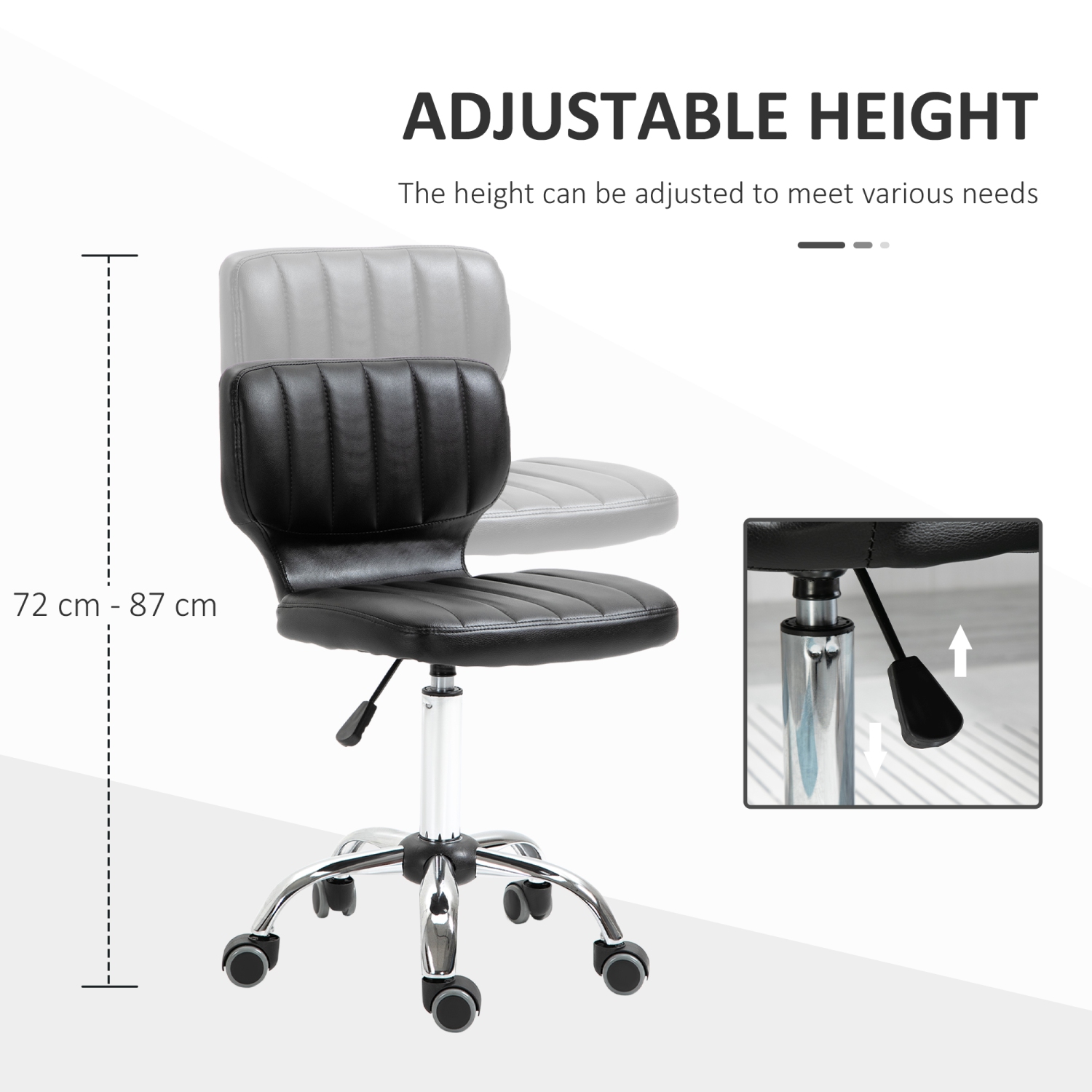 HOMCOM Vanity Chair with Back, Small Armless Office Chair with Wheels, Comfy PU Leather Salon Stool with Adjustable Height, 360°Swivel for Beauty,