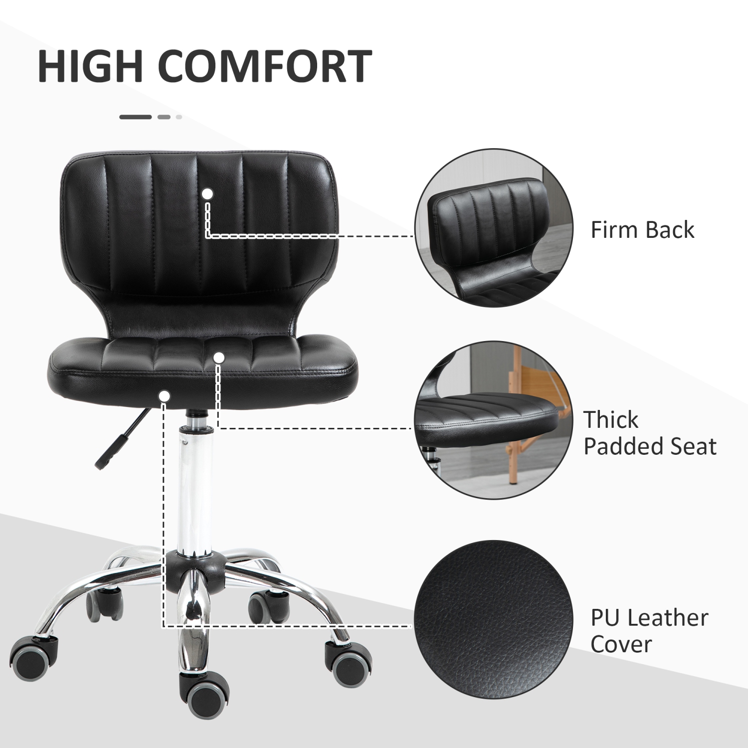 HOMCOM Vanity Chair with Back, Small Armless Office Chair with Wheels, Comfy PU Leather Salon Stool with Adjustable Height, 360°Swivel for Beauty,